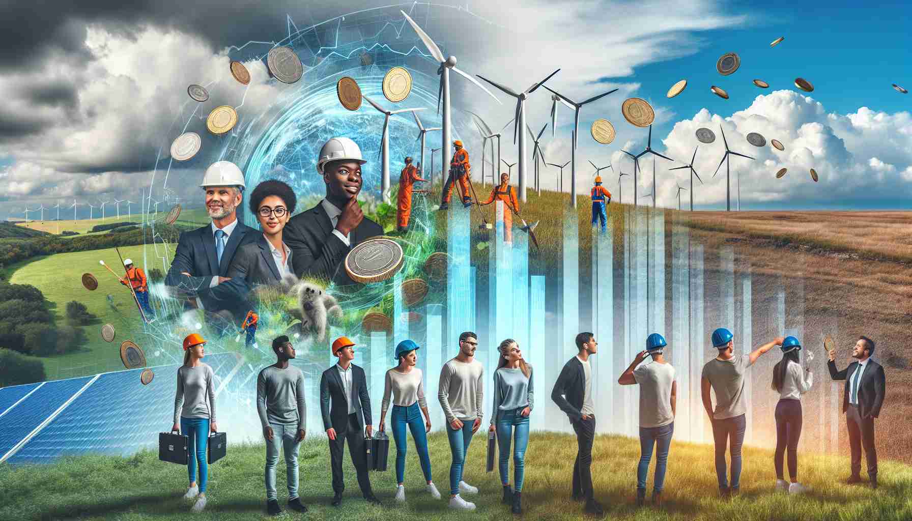 Create an image that portrays the concept of revolutionizing sustainable energy as a game-changing investment. Visualize this as a diverse group of male and female engineers, of various descents like Hispanic, Black, Caucasian, South Asian, and Middle-Eastern, actively working on the construction and installation of large-scale wind turbines, solar panels, and other renewable energy sources. Around them, depict the flourishing landscape showing the results of their efforts - thriving biodiversity and a clean, clear blue sky. Superimpose an overlay of financial graphics symbolizing the lucrative potential of sustainable energy in the form of rising stock charts and plethora of coins.