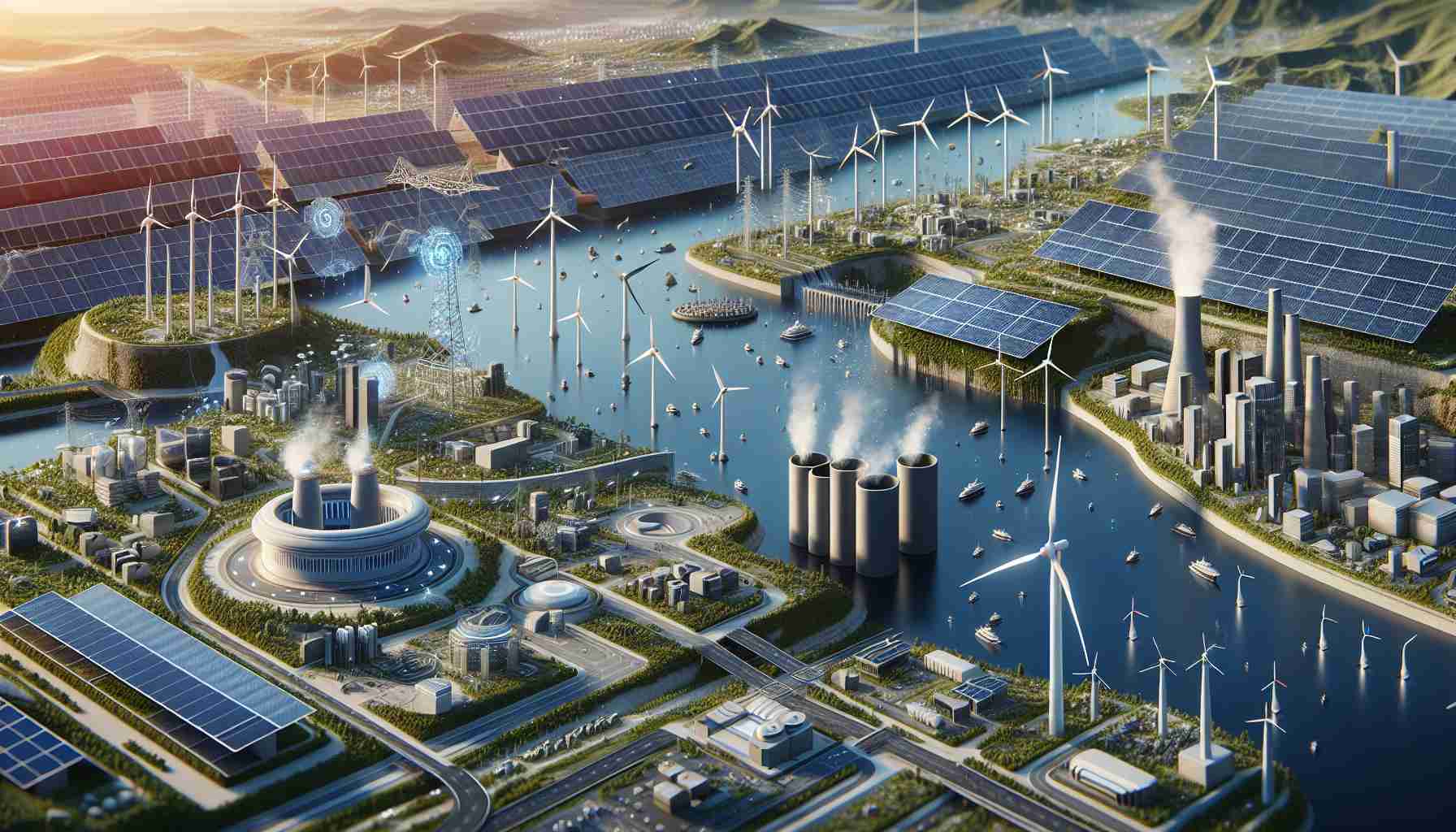 Realistic, high-definition illustration of the future of sustainable energy storage. Feature elements like advanced solar panels, innovative wind turbines, modern lithium-ion battery storage systems, vast hydropower dams and futuristic designs of renewable energy harnessing mechanisms. Depict also the integration of these systems into an efficient and sustainable power grid, serving a diverse range of structures like residential buildings, commercial establishments and industrial plants.