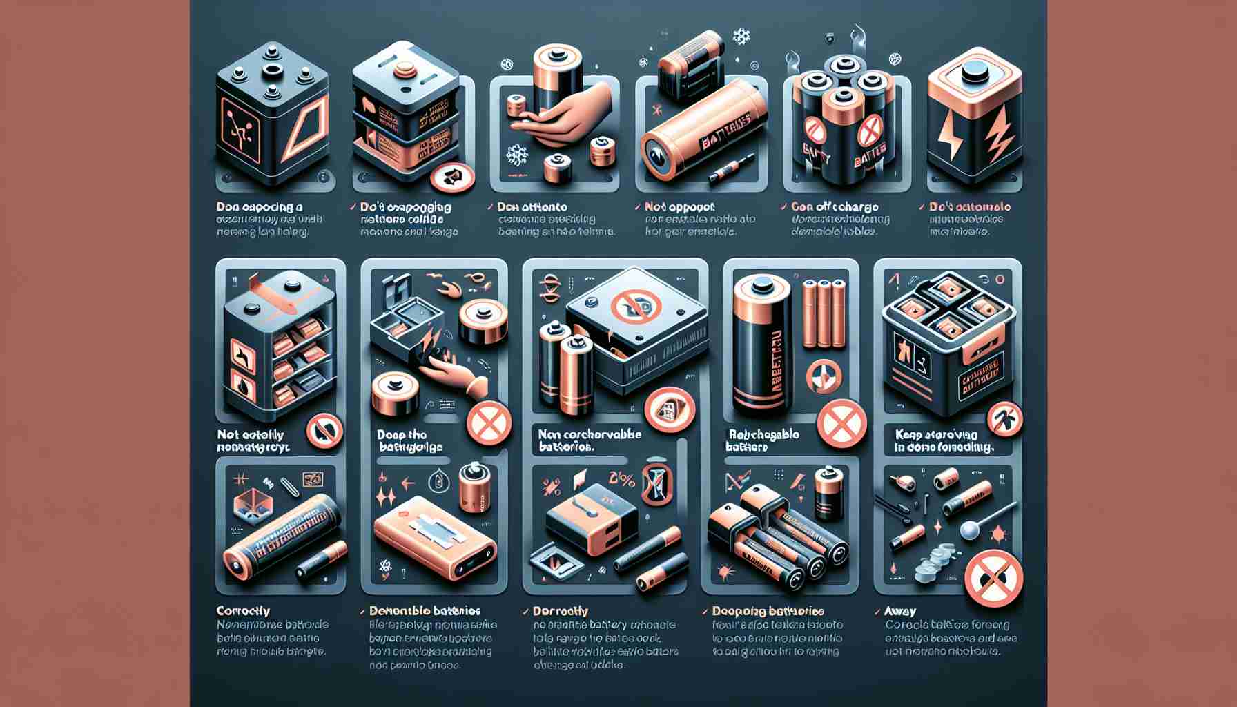 Detailed and realistic high-definition image depicting preventive measures for safe battery usage. The image presents clear symbols and diagrams representing guidelines such as not exposing batteries to extreme heat or cold, not attempt to recharge non-rechargeable batteries and keeping batteries away from small children. Also, it includes imagery of correctly storing batteries in a cool and dry place, away from metal objects. The overall infographic should be easily understandable and visually engaging.