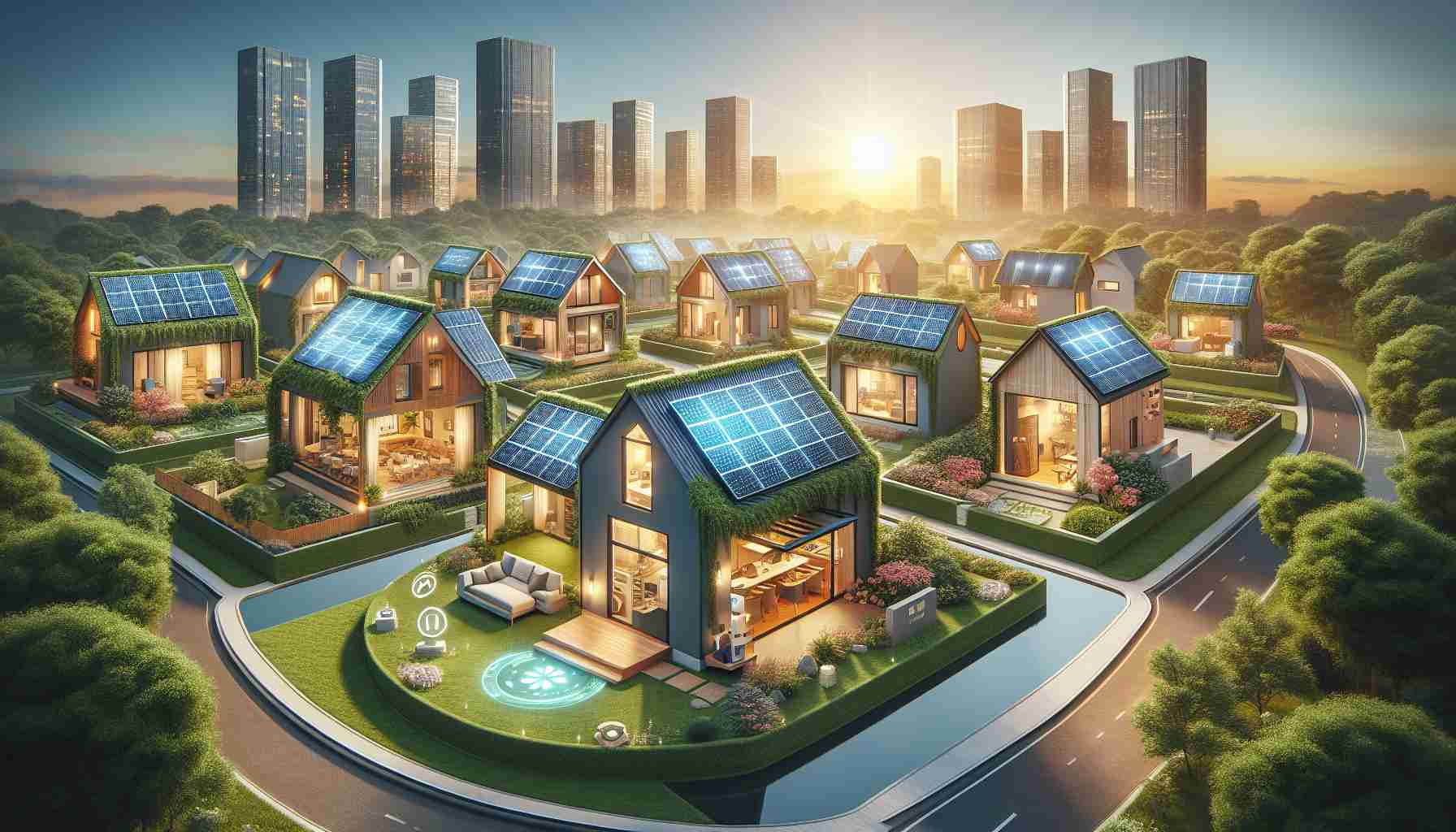 Realistic high-definition image showcasing a concept of empowered homes portraying a brighter future. The scene includes energy efficient structures with installed solar panels, advanced technology enabling smart homes, greenery around, and a climate-responsive architecture. The sun is rising in the background symbolizing the dawn of a new era in residential energy efficiency and sustainability.