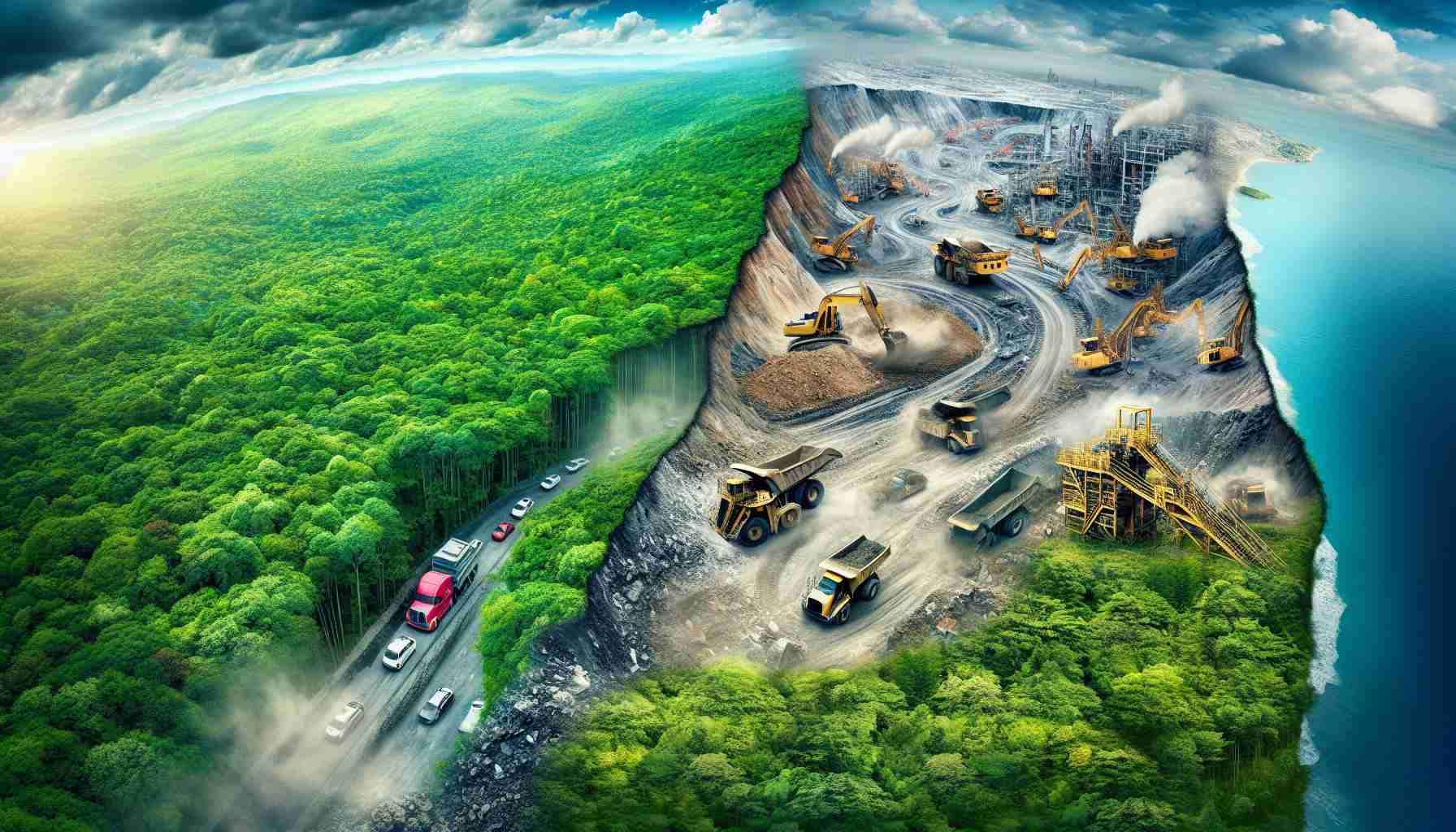 An extremely high-definition image showing the impact of an ambitious eco-mining initiative on the environment. There should be heavy machinery working industriously against a backdrop of verdant greenery. Irony should be sharply visible in the form of contradicting elements: the intent to preserve the environment coexisting with the harsh intrusion of mining activities. Destruction and preservation residing side by side. One side of the image can be dominated by the heavy, dusty reality of active, labor-intensive mining, while the other side should be untouched vibrant natural ecosystems teetering on the brink of encroachment.