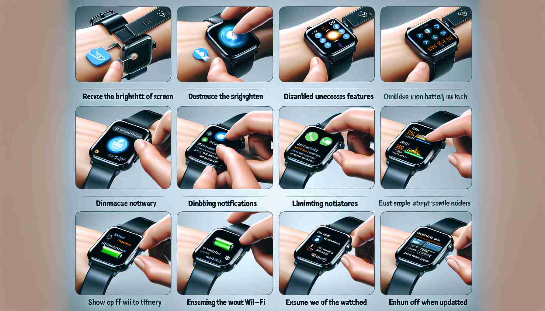 A realistic high-definition image showing various simple methods to extend the battery life of a smartwatch. It could depict scenarios such as reducing the brightness of the screen, disabling unnecessary features, limiting notifications, turning off Wi-Fi when not needed, and ensuring the software is regularly updated. The smartwatch should look sleek and modern.