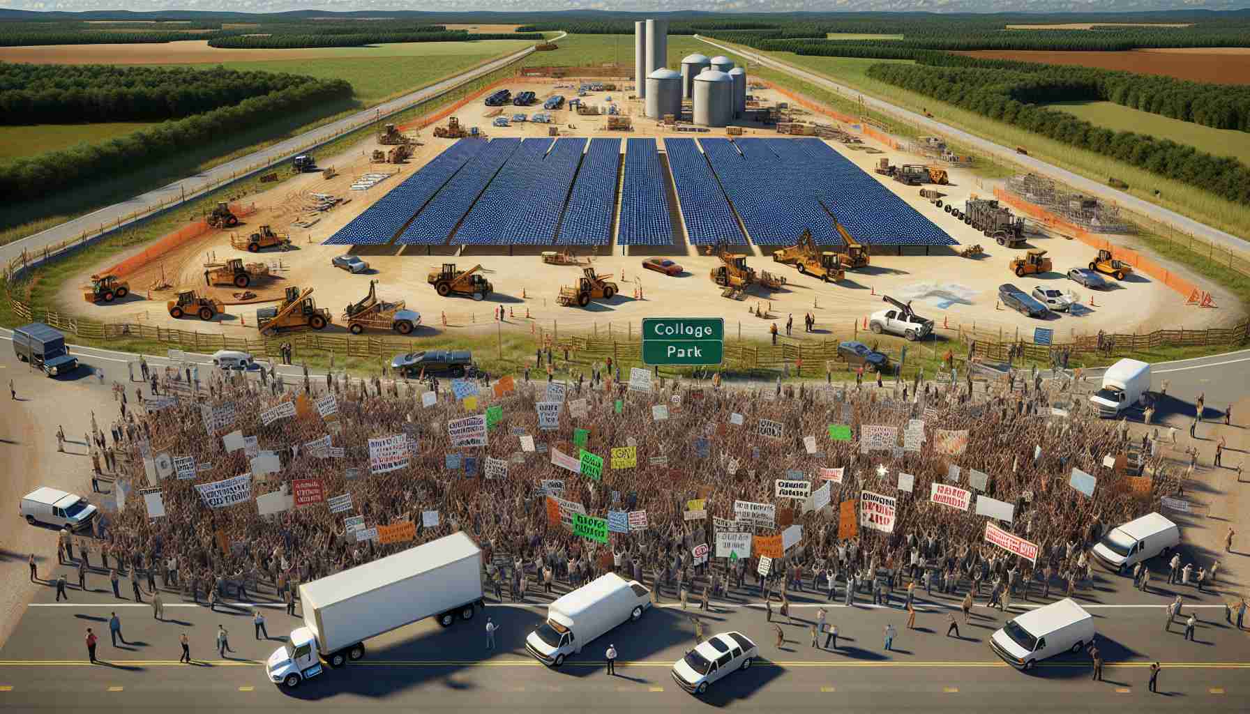 A realistic, high-definition image featuring a proposed solar energy farm engulfed in controversy, located in a place akin to College Park. The image depicts protest banners and signs expressing opposing views about the establishment of the farm. The background showcases the proposed area for the farm, a vast land with clear blue skies. Vehicles and equipment indicating preparation for construction are also visible. The foreground is a crowd of people of various descents and genders, showing their reaction to the proposal.