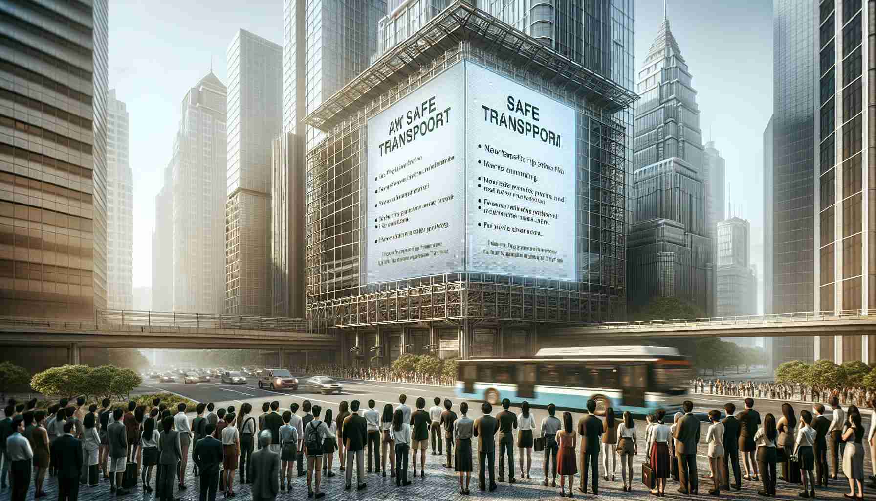 A high-resolution, realistic illustration of a cityscape where an announcement for a new safe transport program is unfolding. City buildings surround the scene, filling the background with a mesh of windows and architectural structures. In the forefront, a substantial digital billboard displays the transit program announcement. It emphasizes safety measures, new regulations, and future forecasts for city transit. Passersby of various descents such as Caucasian, South Asian, and Hispanic are taking note of the information, their faces reflecting interest and optimism. The weather is sunny, with light reflecting off the glass structures, lending a golden hue to the scene.