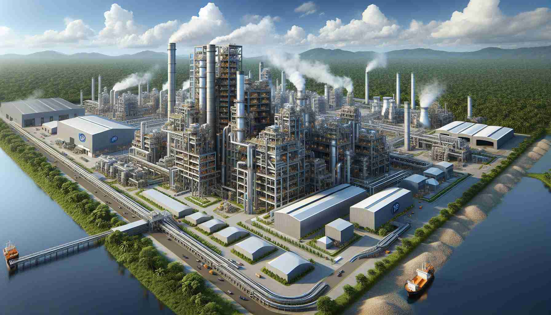 Render a realistic, high-definition image showing a new Nickel Plant in Indonesia. Illustrate the manufacturing facility as massive and technologically advanced, bustling with activity. Include exterior elements such as multiple large structures for refining, conveyor belts for transporting material, and piles of raw nickel ready to be processed. Also, hint at its prominent role in global battery production by showcasing some battery-shaped signs or logos on the buildings. Surround it with lush Indonesian vegetation under a clear blue sky for a stark contrast.