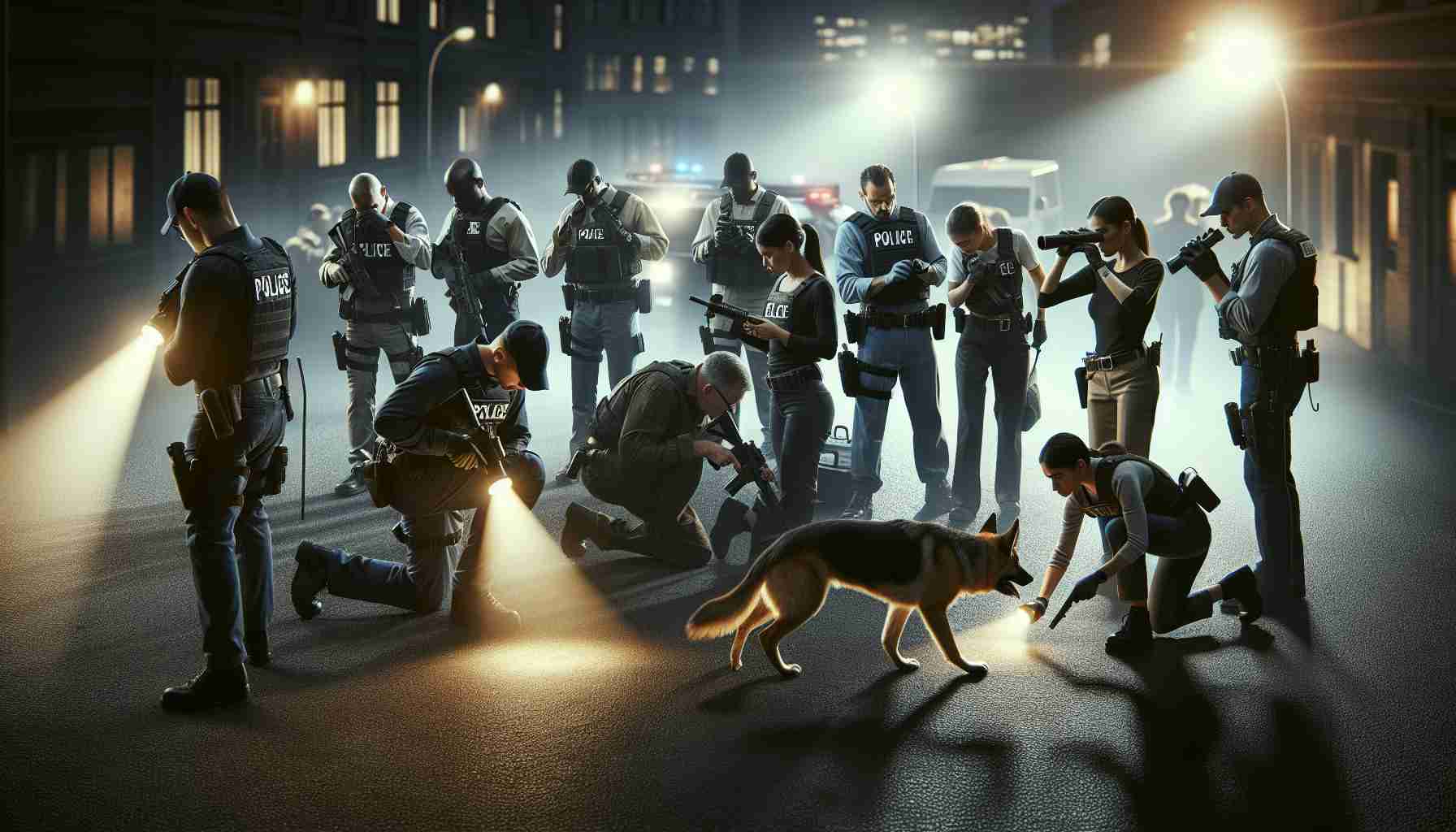 High definition, realistic image showing a scenario of police officers in action, meticulously searching for an unidentified fugitive who is wanted for a variety of undisclosed charges. A diverse team of professional law enforcers, including Black and Caucasian women, and Middle-Eastern and South Asian men, utilizing tools such as searchlights, police dogs and advanced technology to conduct their search. The scene is at evening time with a dramatic atmosphere.