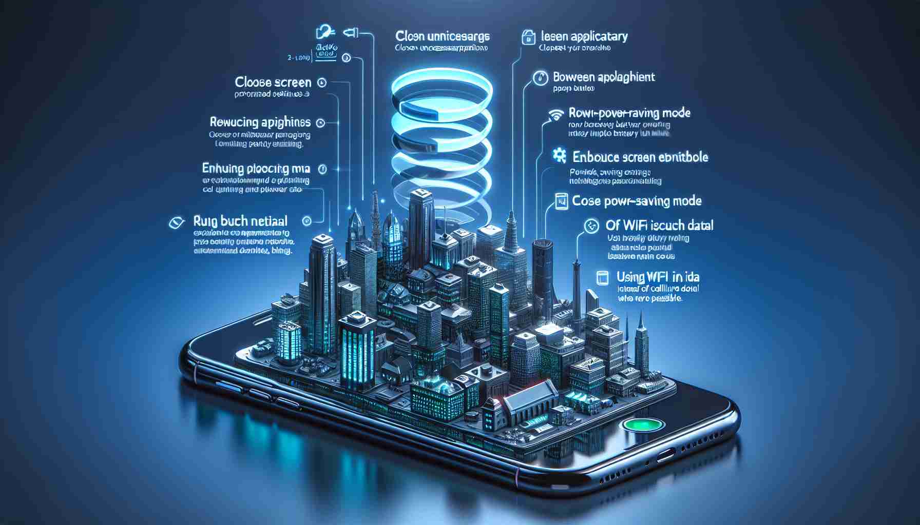 A highly detailed and realistic image presenting various lesser-known methods to increase the battery life of a generic smartphone. This could include optimized settings, closing unnecessary applications, enabling power-saving mode, reducing screen brightness, turning off push email, and using Wi-Fi instead of cellular data where possible.