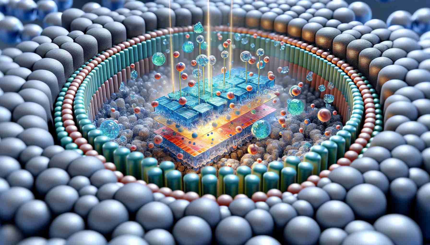 A hyperrealistic illustration of a silicon fragmentation process leading to enhanced battery capacity. The view is microscopic, displaying detailed microscopic views of the silicon atoms splitting and showing the transformation of the internal structure of the battery due to this process. The atoms are colored differently to depict their state and the change in energy levels. The surrounding environment of the battery is represented by the tightly packed energy cells, which are swelling due to the increased capacity.