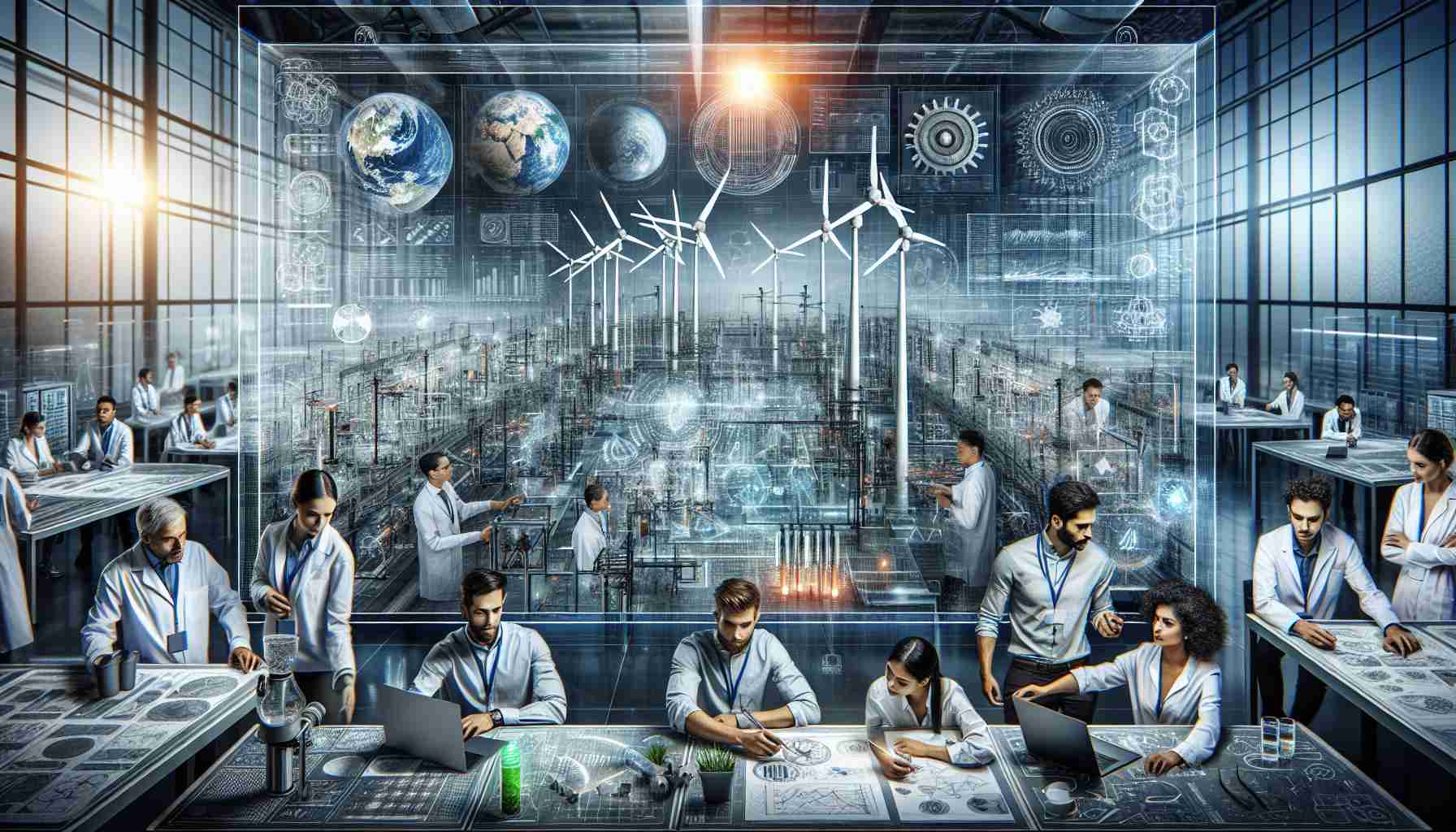 Create an intricate, high-definition image that visually represents the concept of 'Innovative Collaboration Leads to Advancements in Sustainable Energy Solutions'. The image could depict engineers of various descents and genders - including a Hispanic woman, a Caucasian man, a Middle-Eastern man, and a South Asian Woman - working collaboratively on a futuristic, sustainable energy prototype. Incorporate elements such as solar panels, wind turbines, and recyclable batteries into their project. Also, highlight a synergy of thoughts and ideas visually by showing detailed diagrams, charts, and calculations. The backdrop could be a well-equipped research facility with modern technology and tools.