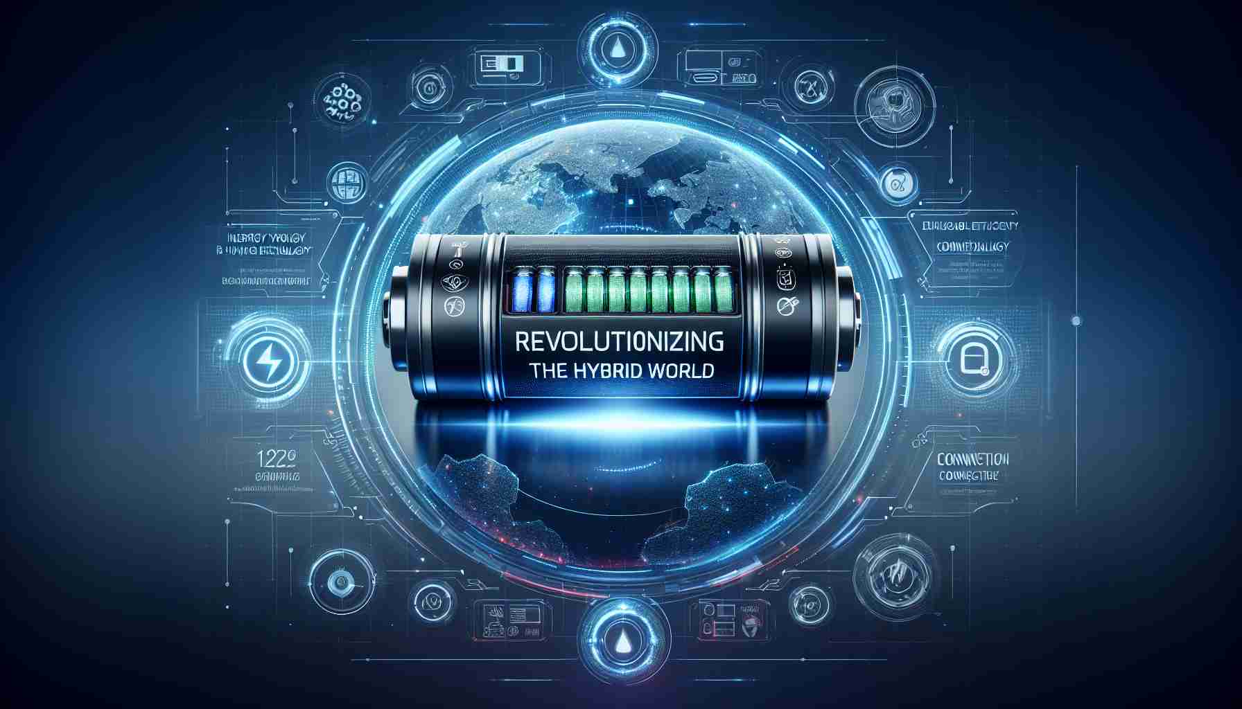 Create a realistic HD image depicting the concept of 'Revolutionizing the Hybrid World'. It should incorporate the innovative breakthrough of a conceptual battery technology, depicted as highly advanced, sleek, and powerful. The battery should be the focal point, surrounded by visual cues indicating energy efficiency, sustainable technology, and connectivity. Distinctive features such as digital interfaces, energy flow patterns, and futuristic design elements should be included to manifest the revolution in hybrid technology.