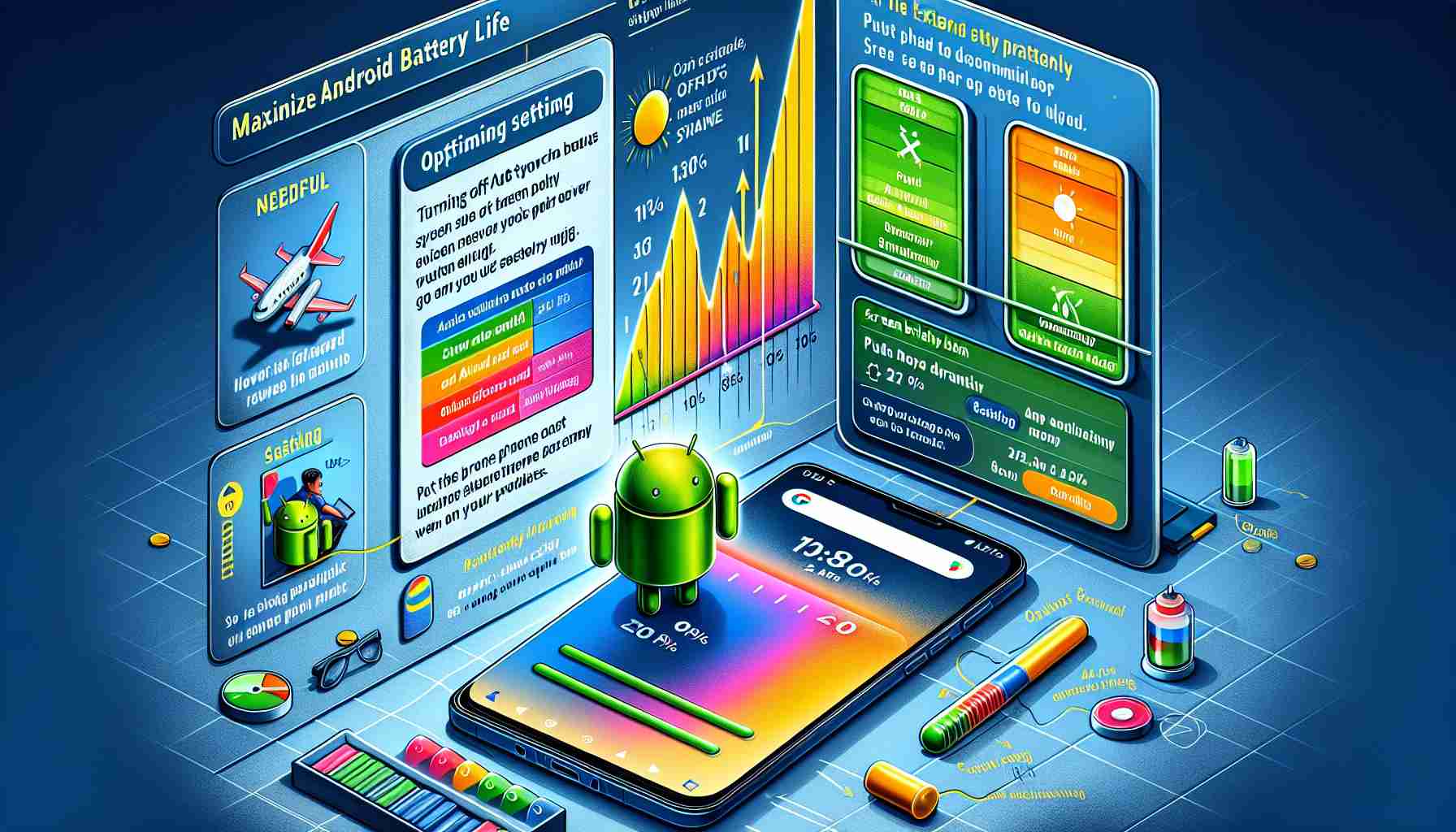 A highly detailed and realistic illustration demonstrating efficient ways to maximize Android phone battery life. The scene should depict an android phone in the center, displaying settings for optimizing battery life. Needful features like turning off auto-sync, adjusting screen brightness to optimal level, and putting the phone in airplane mode when not in use can be depicted as pop-outs from the phone screen. Additionally, a graph showing the extended battery life due to these practices can be shown at the side. Use colors wisely to represent the idea of vitality and energy conservation.