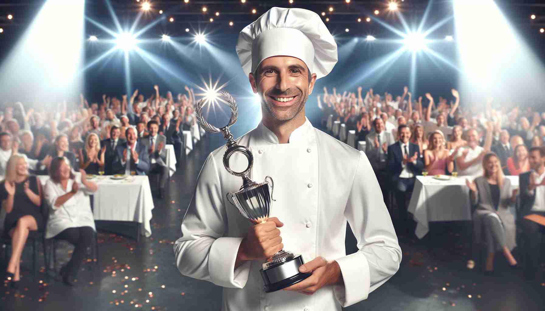 A high-definition, realistic photograph of an accomplished chef, male with an average build and Caucasian descent, proudly displaying his freshly won top culinary award. The setting is a well-lit award ceremony stage with an excited crowd of various professionals in the background. The chef is wearing a traditional white chef's uniform, a broad smile on his face, holding the shining trophy in his hands. His other hand is raised in a victorious gesture, encapsulating the moment of his triumphant achievement.