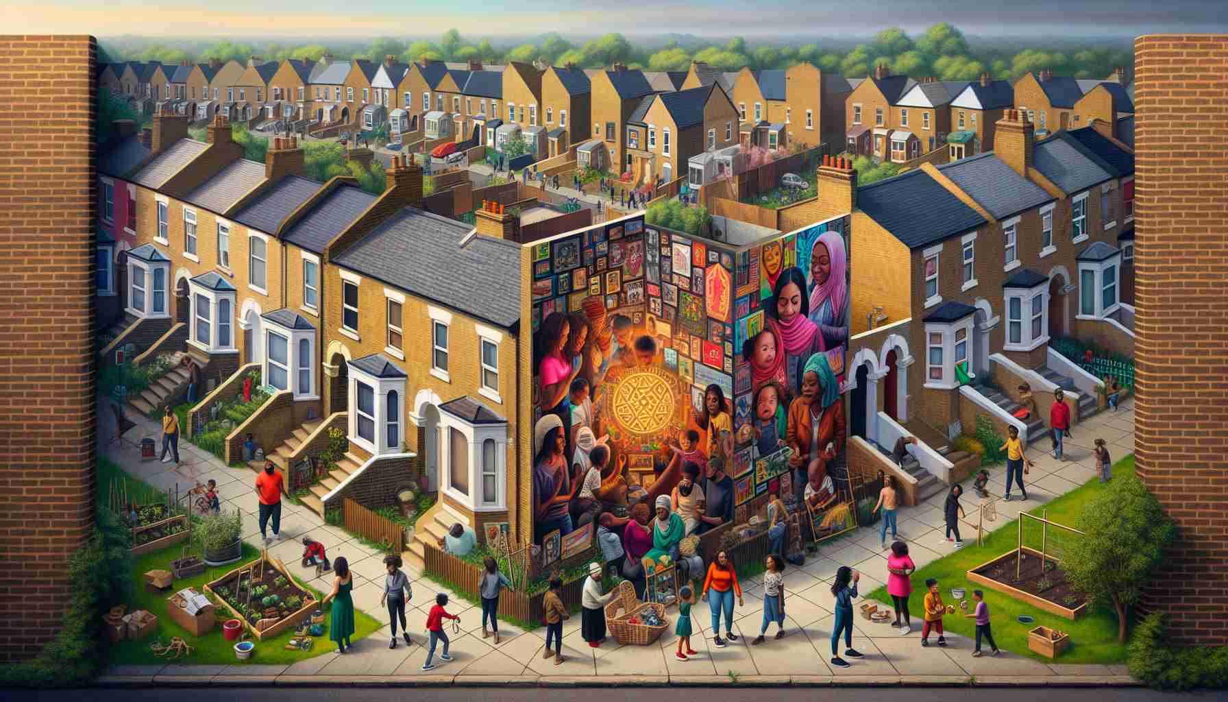 A high-definition visual representation of community resilience on display through various neighbourhood challenges. Imagine a suburban block where homes are exuding solidarity and cooperation. The facade of the houses are adorned with symbols of unity and resistance. People with diverse descents such as Hispanic, Caucasian, Black, Middle-Eastern, and South Asian are seen helping each other - sharing resources, fixing damages, and planting new growth in community gardens. The street is lively with children of different genders and races playing together, exemplifying the hopeful future of the recovering community.