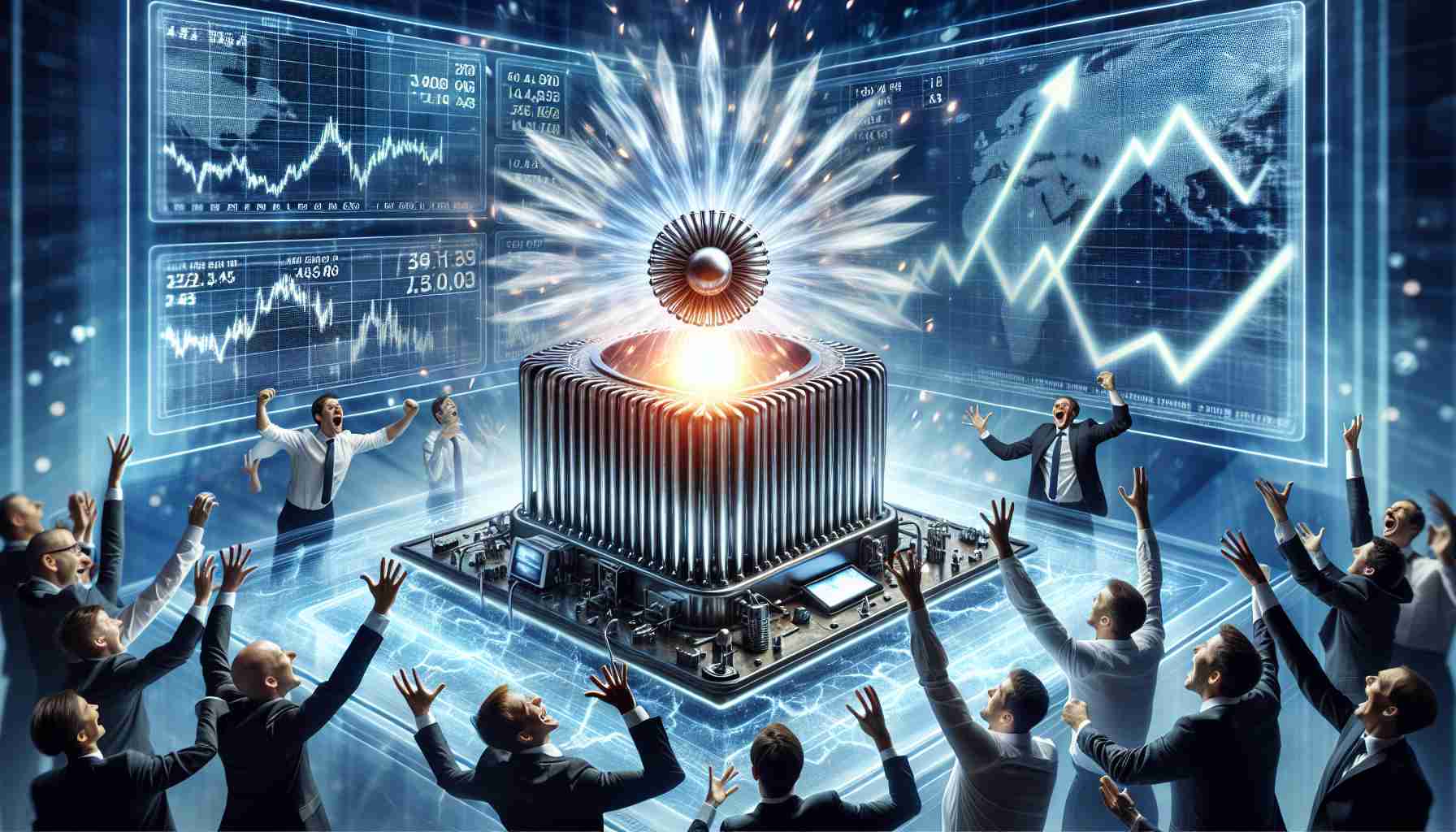 A high-definition, realistic image that visualizes a scene of revolutionary energy breakthrough. Picture a breakthrough energy technology, perhaps a unique and future-looking power generating device. Show this invention radiating out energy symbolically, with radiating waves or rays of light. Display the excited reactions of the researchers around it, and visual representations of stock markets on screens or projection showing a sharp upward trend, symbolizing the soaring of stocks in response to this revelation. Make sure the energy and excitement of this revolutionary breakthrough is palpitable.