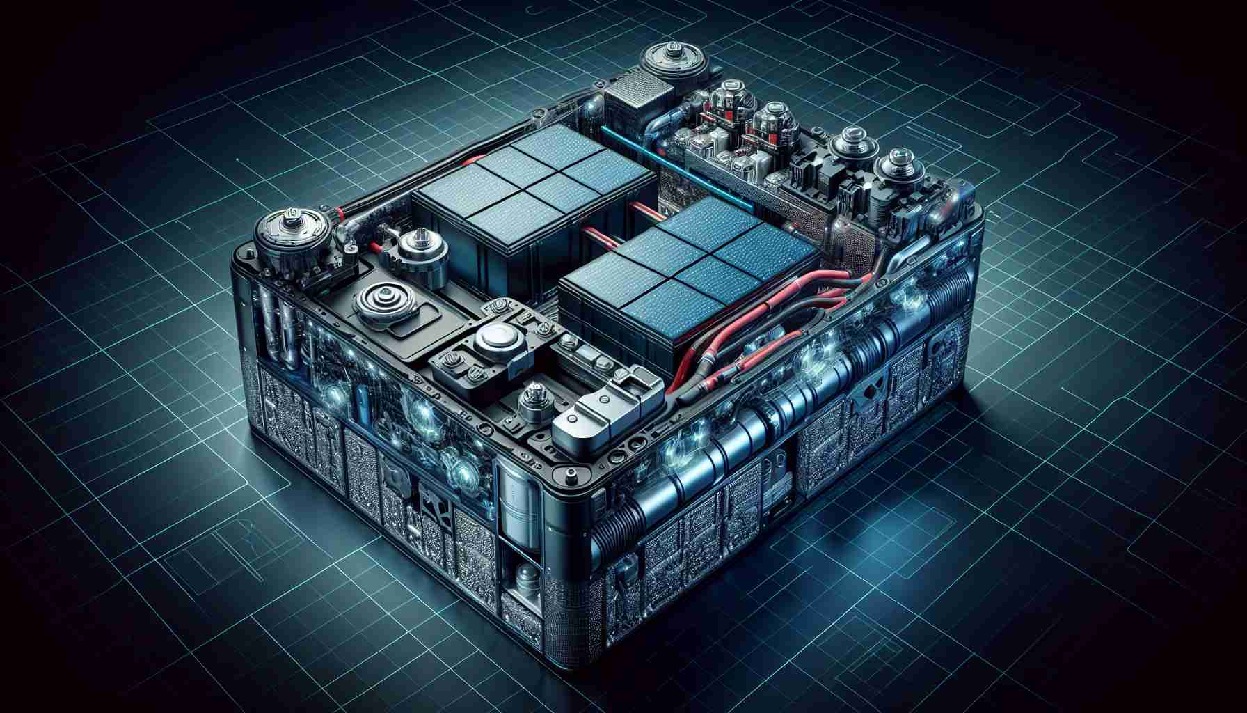 Detailed and high-definition illustration of the latest innovation in electric vehicle batteries from a popular automotive company. Show the exterior and interior components of the battery, emphasizing materials and technology used in its creation. Showcase the battery in a futuristic style, suggesting its advanced capacity and modern design.