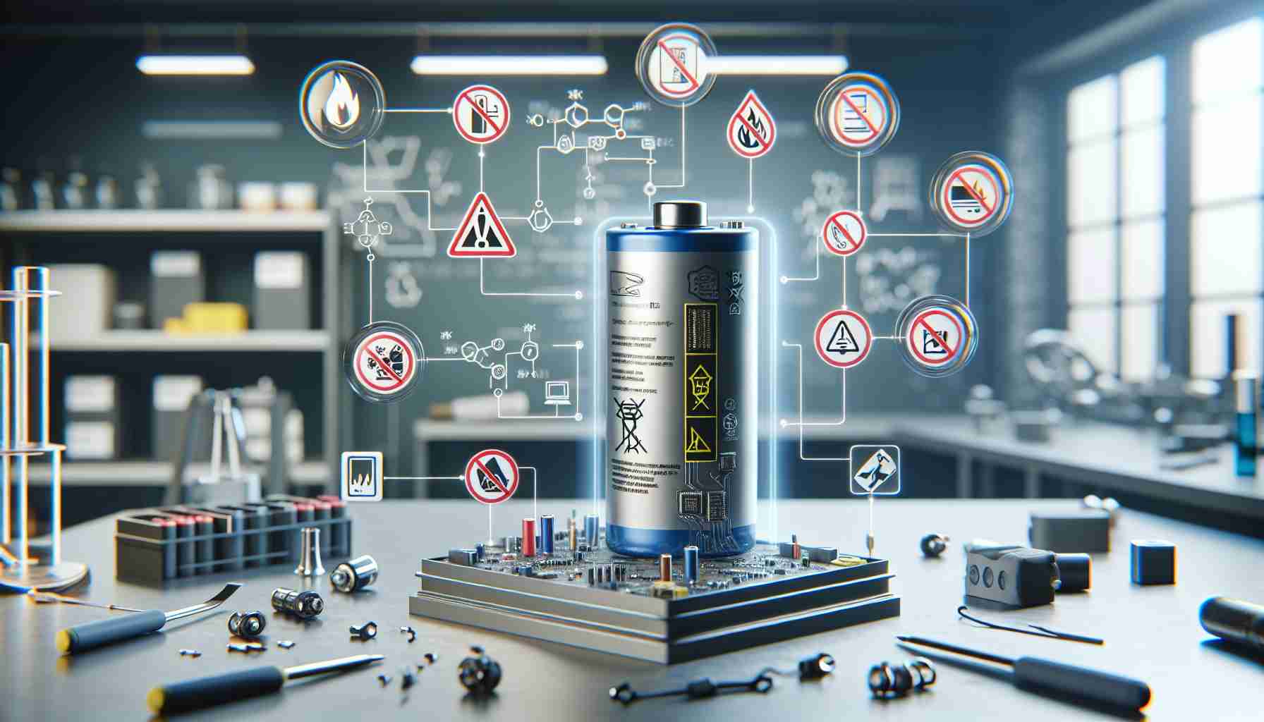 Create a realistic, high-definition image visualizing the concept of enhancing battery safety. Include a battery with clear indications of safety measures, such as an integrated circuit that prevents overcharging and a heat-resistant casing. There should be warning icons depicting restrictions, such as not exposing the battery to fire or high temperatures. The space should look like a professional lab with tools and safety equipment nearby, and there should be a poster on the wall showing diagrams of safe battery handling procedures.