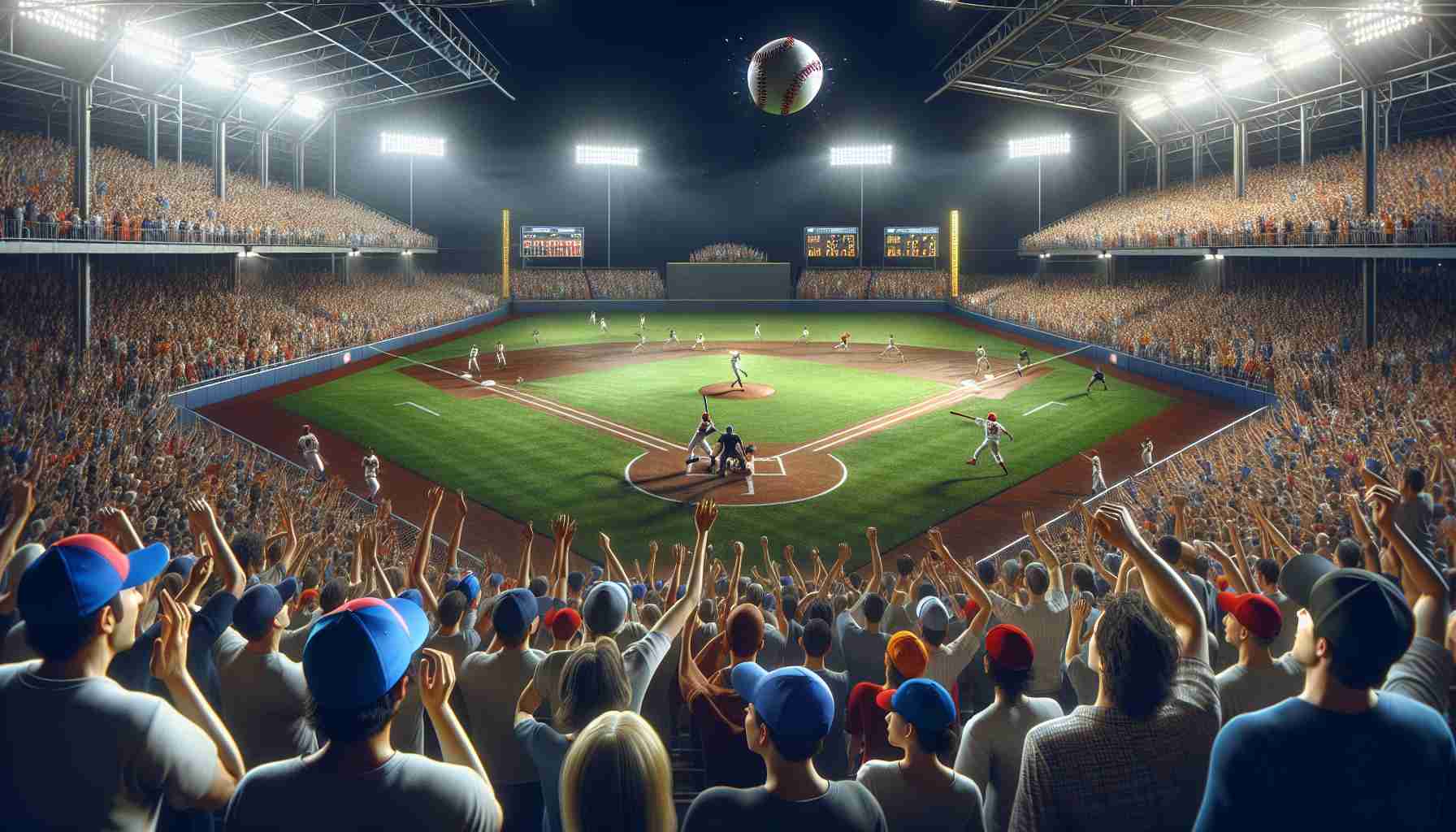 A high-definition, photorealistic image capturing a surprising night of baseball playoffs. The scene showcases the energy of the game with packed stands filled with variously excited spectators. Players on the field reflect a diverse range of descent and gender, suggesting a co-ed league. Tension and surprise are palpable, perhaps illustrated by a last-minute home run, with the baseball soaring high against the night sky, lit by the stadium lights. Stadium's scoreboard in the background perhaps showcases an unexpected score, symbolizing an underdog team's surprising triumph.