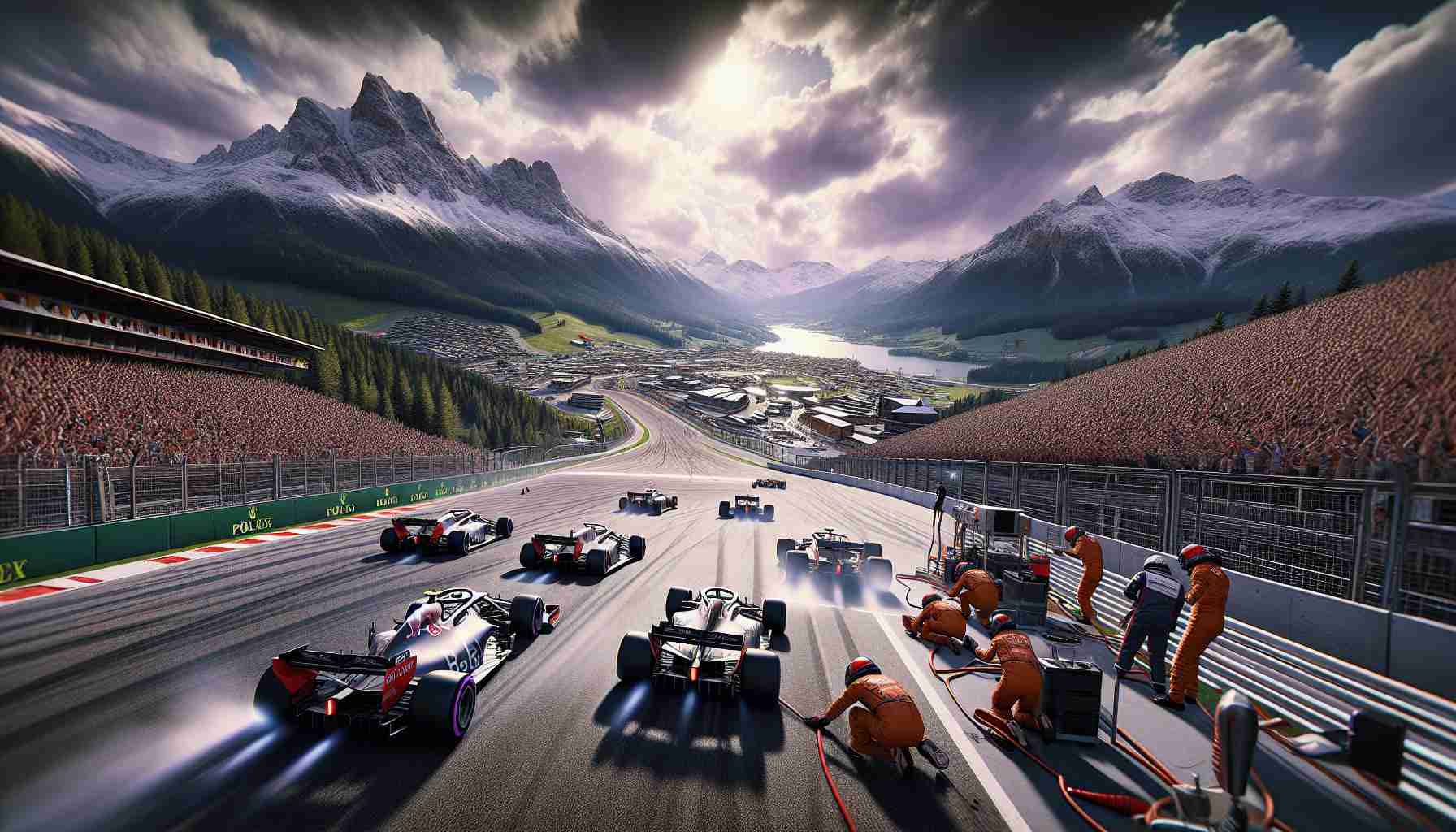 Generate a highly detailed, realistic image of an intense competition taking place at the Grand Prix located in the Alpine region. The sky is filled with clouds indicating a storm, providing a dramatic backdrop to the race. Focus on the competition between two racing cars with drivers battling for the lead position. The audience in the stands is gripped with anticipation, cheering on their favorites. The landscape around the track is filled with towering Alpine mountains, exhibiting their snow-capped peaks and lush green valleys. Extra details include pit crews on standby, ready to service their vehicles at a moment's notice.