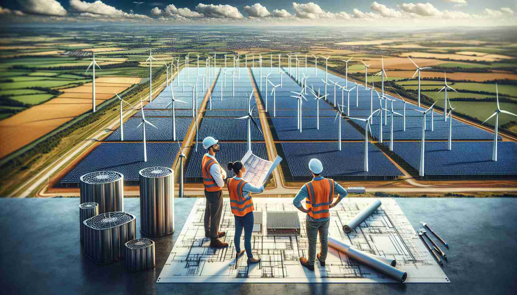 Depict a high definition, realistic image showing an innovative renewable energy storage system located in the UK. This could be an expansive field filled with high-tech solar panels or wind turbines. The background might show the sweeping English countryside or a bustling cityscape, reflecting the mix of traditional and modern in the UK. Nearby, there might be a team of engineers - a Middle-Eastern woman and a South Asian man, both in safety vests and hard hats - discussing plans, their blueprints spread out on a table.