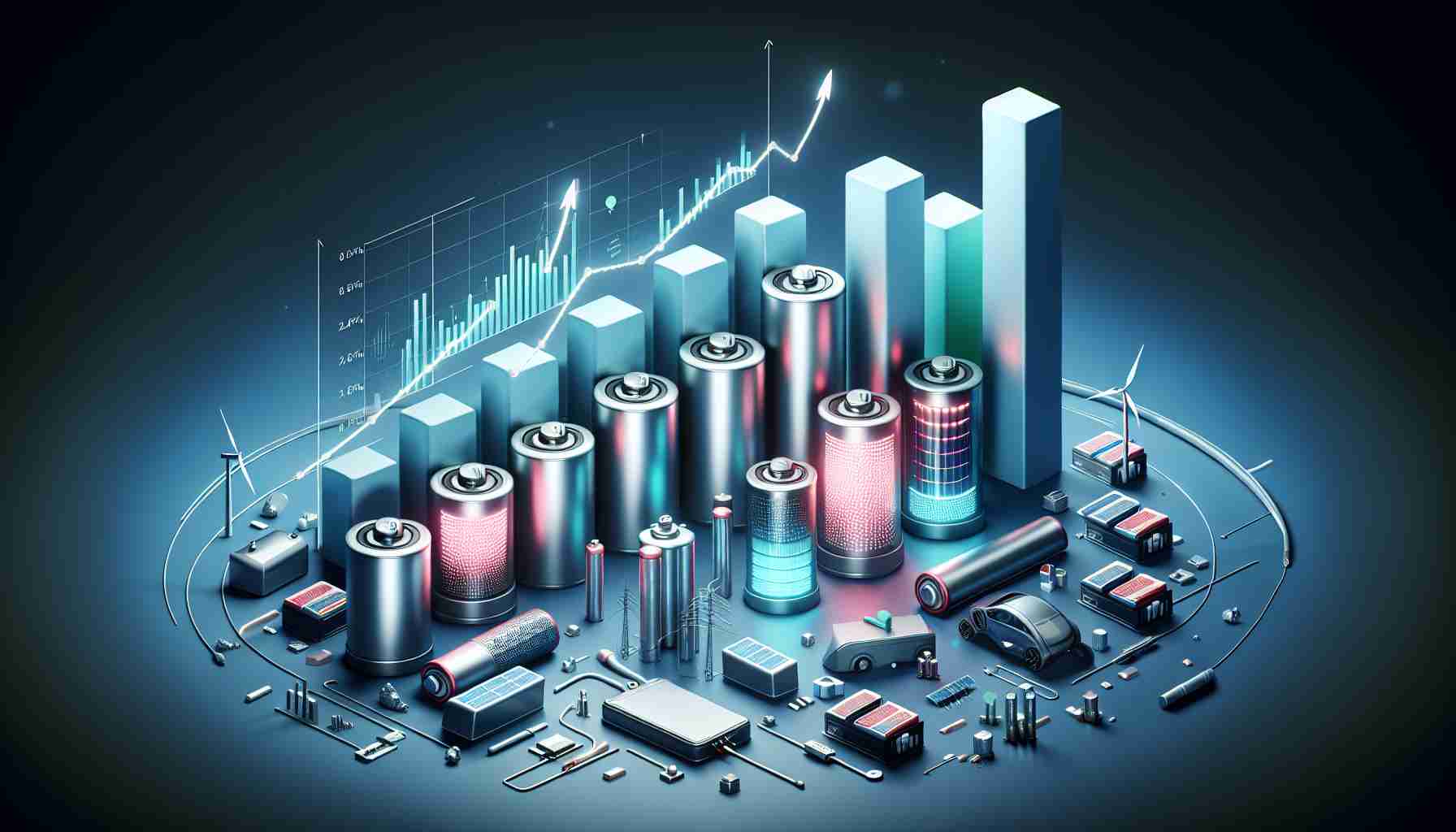 Design a high-definition, realistic image illustrating the rise of energy innovation, with a particular emphasis on battery storage solutions. Demonstrate this concept with a variety of advanced and innovative batteries in different shapes and sizes, accompanied by a prominent graph showcasing an upward trend. Mood should be positive and progressive, indicating promising development in the field of renewable energy.