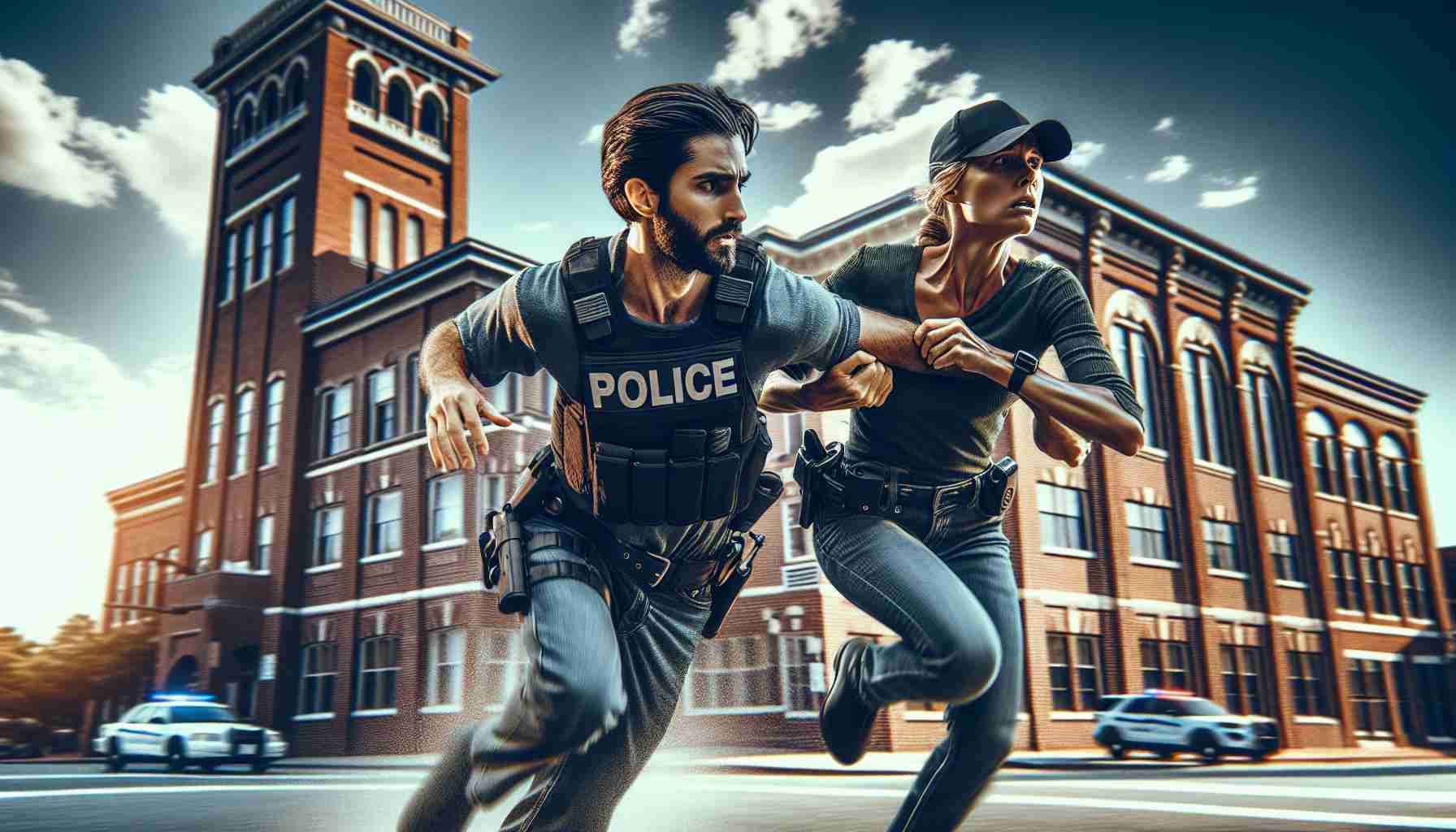 High-definition image of a fast action preventing a kidnapping attempt in Wilmington. It shows a Caucasian female police officer swiftly apprehending a male suspect of Middle-Eastern descent. There is a sense of urgency and law enforcement efficiency in the scene. The backdrop is a typical Wilmington cityscape with its iconic brick structures in broad daylight.