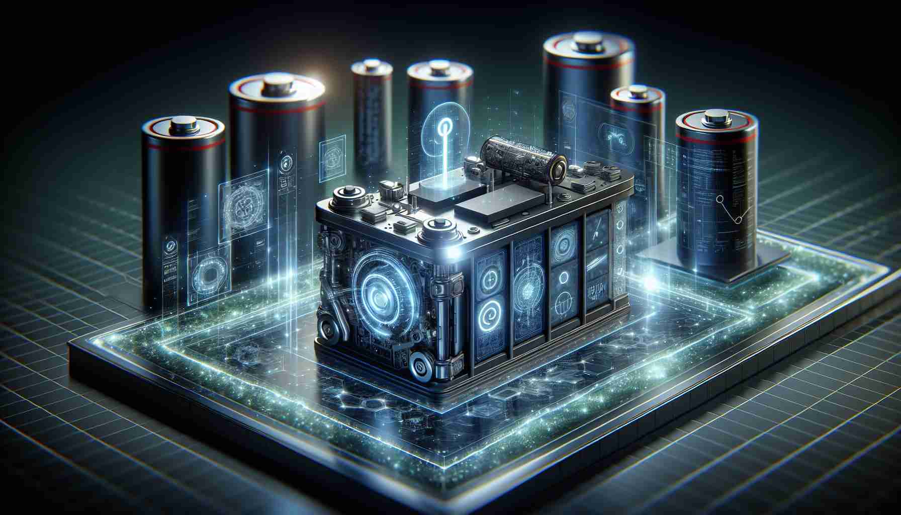 A highly detailed and realistic image of advanced battery technology, visualizing the future of power storage. The scene should include a sleek, modern-looking battery with innovative design elements. Indicate state-of-the-art technology by Incorporating elements such as glowing interfaces, holographic displays showing complex data and diagrams, and futuristic materials and textures. To bring the concept of 'revolutionizing' into the image, the battery can be surrounded by traditional, outdated battery types, emphasising the leap in technology. Overall, the image should give a sense of a major breakthrough in the field of energy storage.