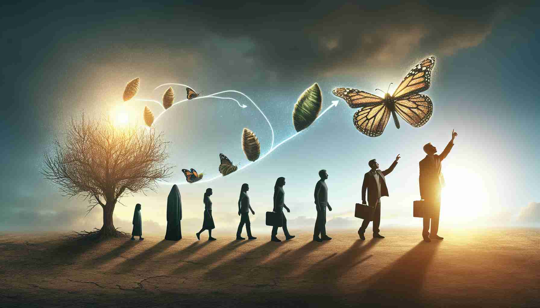 A high definition, photorealistic image that encapsulates the concept of 'New Beginnings'. In this image, picturise the transformative journey of a diverse range of individuals under the guidance of an effective coach. This coach could be depicted as a guiding light leading these individuals towards a brighter future. The graphic representation of the transformation can contain symbols of growth like a cocoon transforming into a butterfly, barren trees blooming into fruition, or a caterpillar turning into a butterfly. And it all happens in a serene setting, embodying peace and optimism.