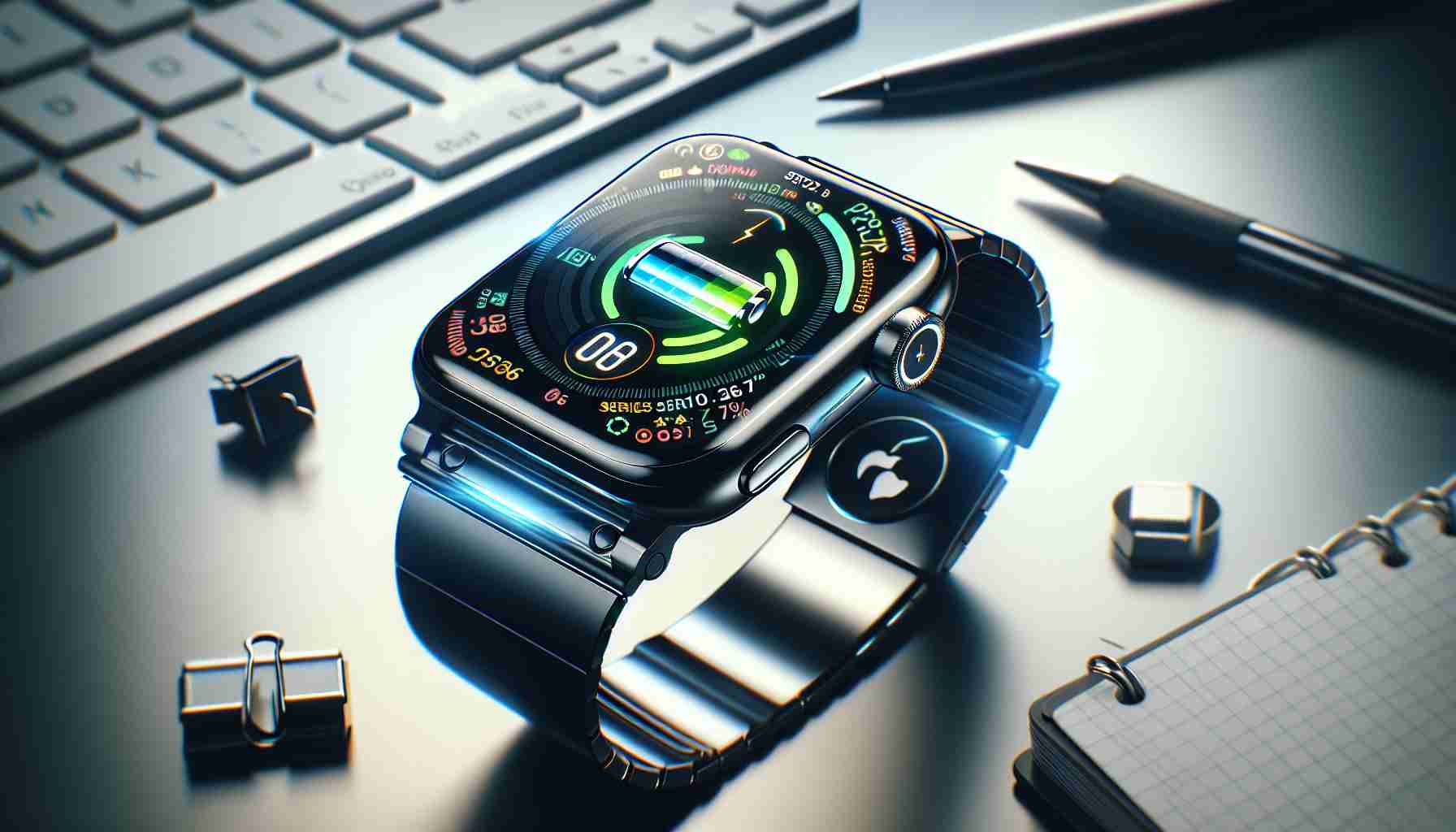 Generate a hyper-realistic, high-definition image that showcases the remarkable lasting power of a futuristic smartwatch battery, specifically something reminiscent of a Series 10 model. The watch is sleek and high-tech, its interface brightly glowing with various widgets and a battery icon that shows a high battery percentage, even after a full day's use. The background should feature a subtly blurred desk with various objects such as a pen, a notepad, and a keyboard for contextual depth. Please note that the description is purely hypothetical and does not reflect any existing products.