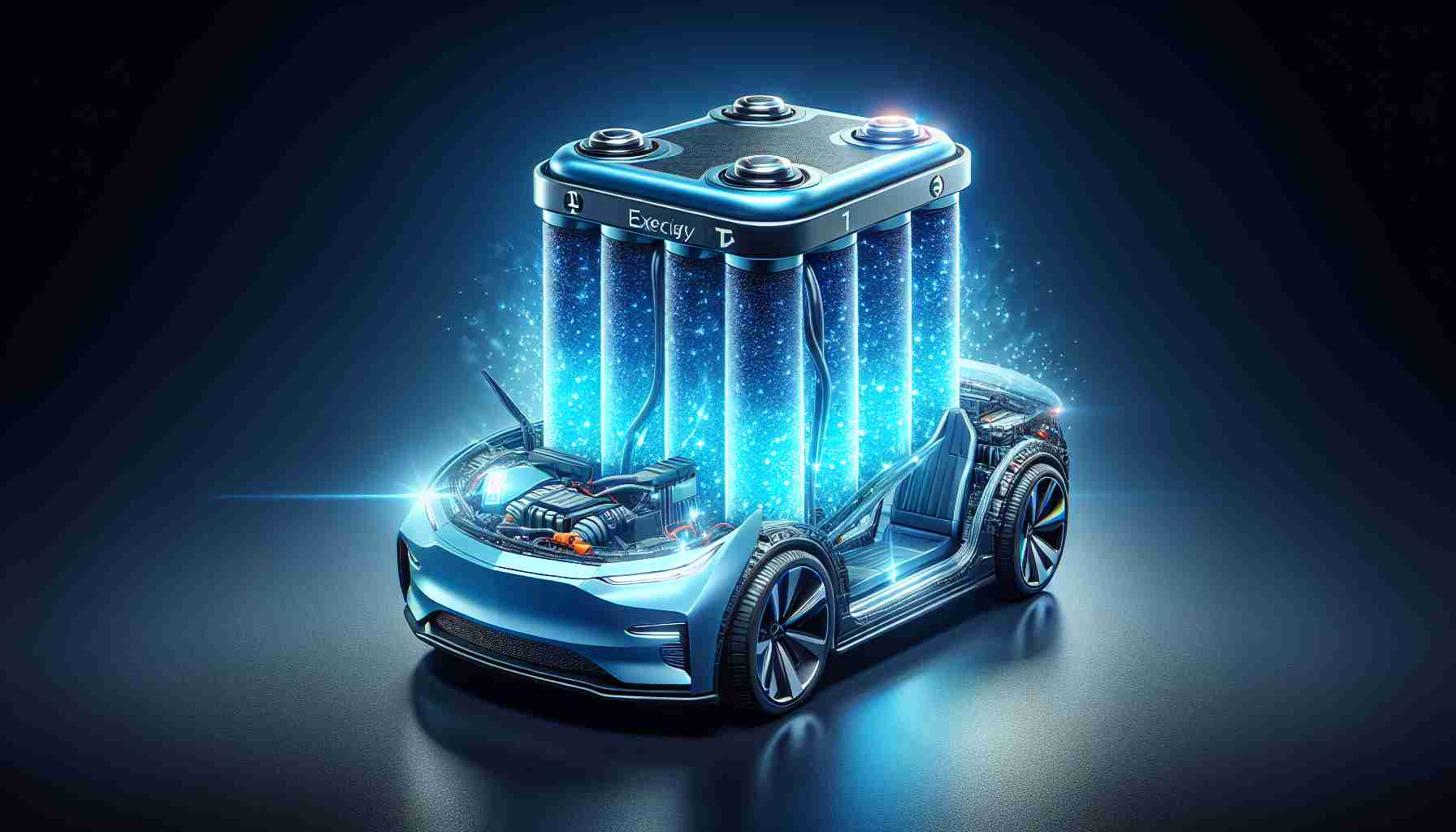 An ultra high-definition, realistic image of an innovative electric vehicle. The vehicle is largely defined by its exceptional NovaVolt battery, which is prominently displayed within the design of the vehicle. The battery should be illustrated as radiating energy and power. Its efficiency and high capacity are visually represented through its massive size and vibrant, sparkling blue color.