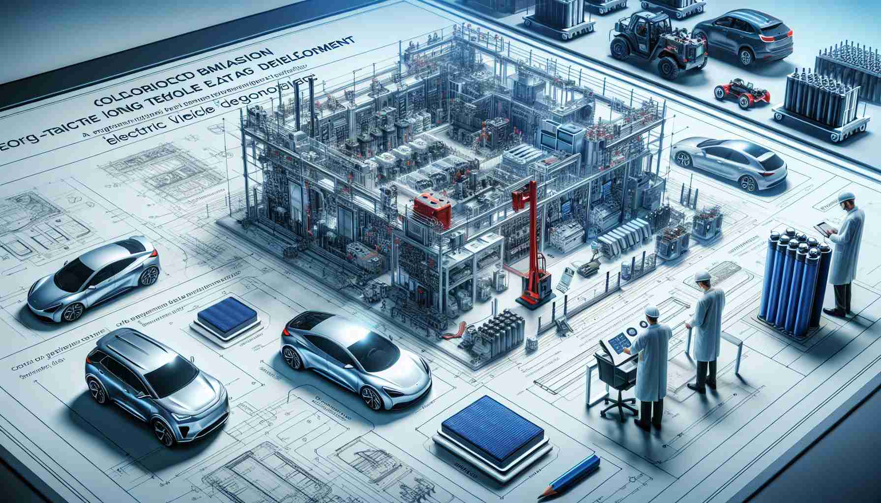 Detailed and realistic high-definition image portraying the collaboration between a major tech company, noted for producing consumer electronics like smartphones and tablets, and an automaker known for dimensions in battery technology, for long-range electric vehicle battery development. The image should illustrate research and development aspects including but not limited to engineers at work, blueprints of batteries, EV prototypes, and advanced technology equipment.