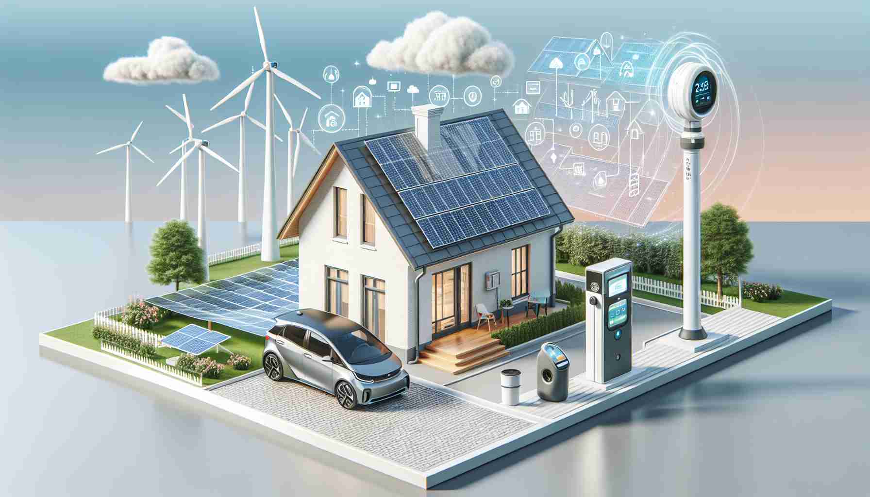 Render an image showcasing various advanced and innovative energy solutions empowering a home. The scene should contain an eco-friendly house equipped with solar panels on the roof, a vertical wind turbine in the backyard, a smart meter on the wall, and a charging electric vehicle in the driveway. Create the image crisply and clearly as if it was a high-definition photograph.