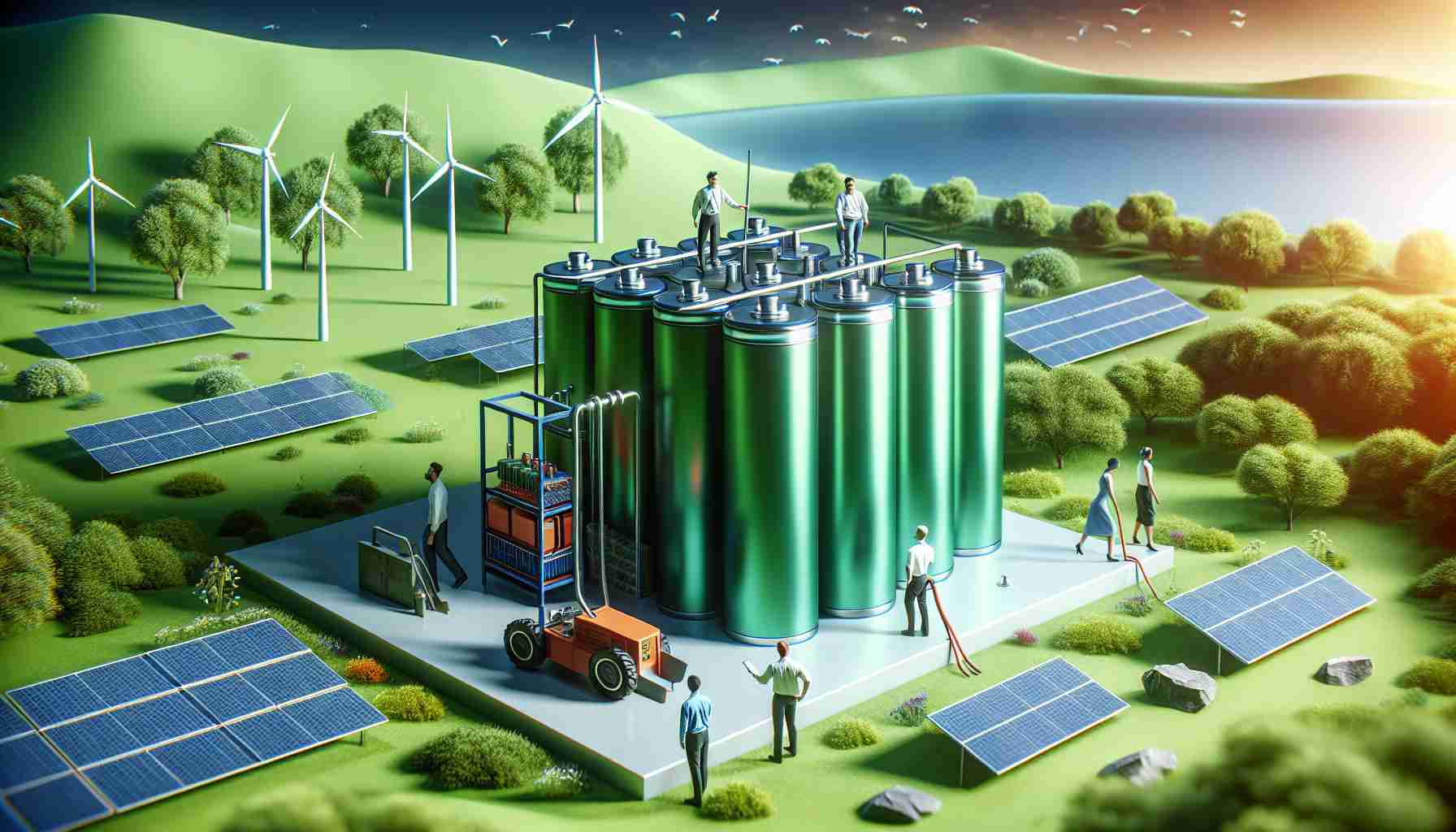 Create a high-definition, realistic image illustrating the concept of revolutionizing energy storage as a sustainable solution. Depict an advanced battery or energy storage system, possibly made from renewable materials, placed in a green environment symbolizing sustainability. Include visuals such as wind turbines, solar panels in the background to depict renewable energy sources. Also, show people of different descents and genders: a South Asian man and a Caucasian woman, working on the system, symbolizing inclusivity in technological evolution.