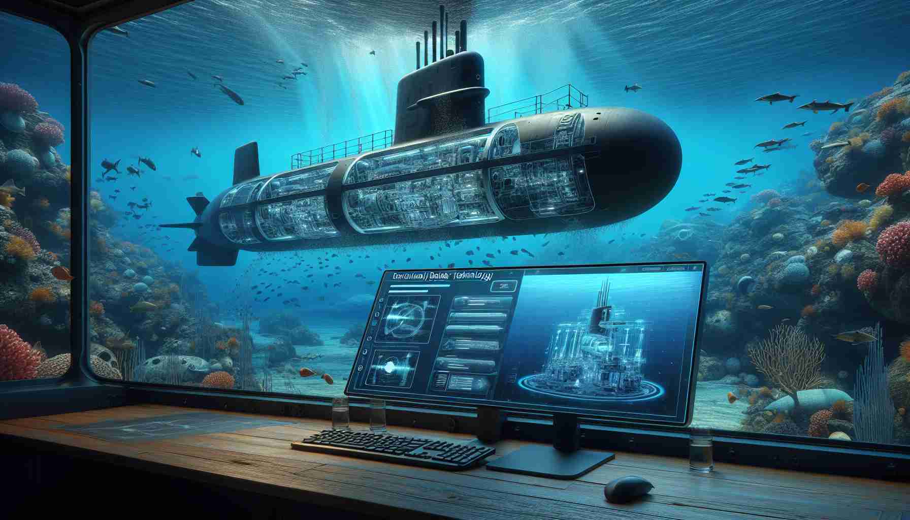 Generate a realistic, high-definition image of a new and innovative battery technology that is drastically transforming submarine operations. The image should showcase a cutaway view of a submarine featuring the revolutionary battery system. The submarine should be submerged deep underwater, surrounded by a multitude of marine life. The picture should also include a display monitor inside the submarine, explaining the functionality and advantages of the new battery technology in a simplified and easy-to-understand format.