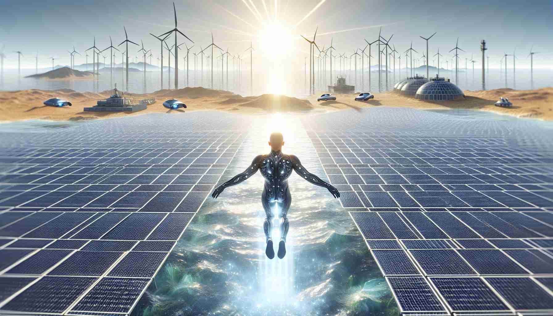 Realistic high definition image of a conceptual representation of diving into the future of sustainable energy. Picture a person, with a futuristic outfit, symbolically diving into a sea of solar panels and wind turbines. The person is of Caucasian descent and of undefined gender. The scenario unfolds under a clear sky radiating the energy of the sun. A distant horizon features electric vehicles and zero-emission factories, outlining a promising landscape of a sustainable future.