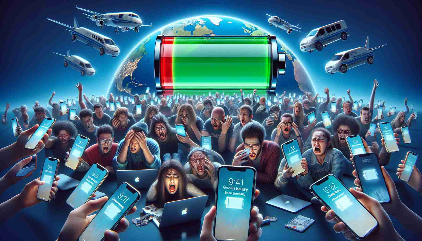 A realistic, high-definition image of a scene depicting the latest iPhone update causing an uproar due to serious battery drain issues. Illustrate a myriad of users worldwide, variously expressed in frustration, concern and bewilderment, clutching at their modern smartphones with critically low battery icons clearly displayed. Let the global map in the background subtly hint at the widespread impact of the issue. Perhaps further emphasize the controversy with digital headlines in multiple languages flashing across scattered laptop screens or street billboards.