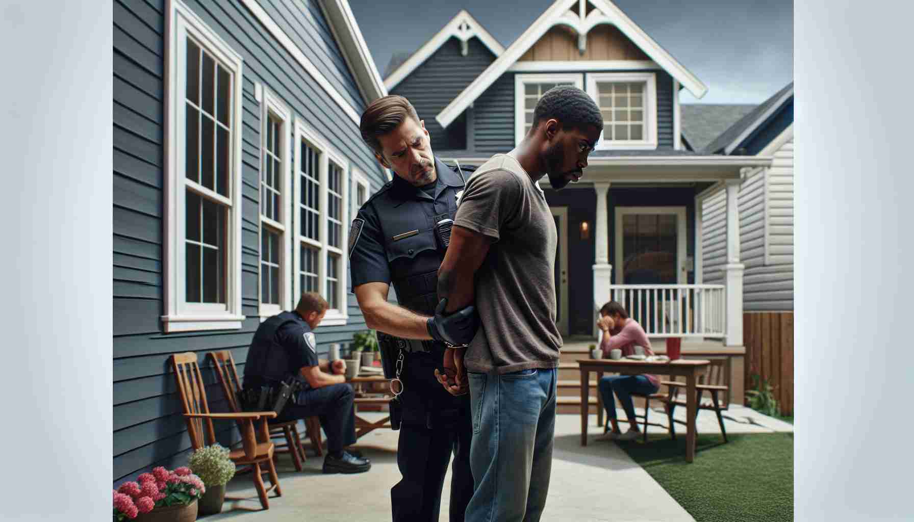 A high-definition realistic image showing a scene where a black male police officer is being arrested following a domestic dispute that occurred at a private residence. The scene highlights the intense emotions in the air, including confusion, disappointment, and guilt. The background details the privacy of the place, showcasing typical residential architecture without revealing any specific location details.