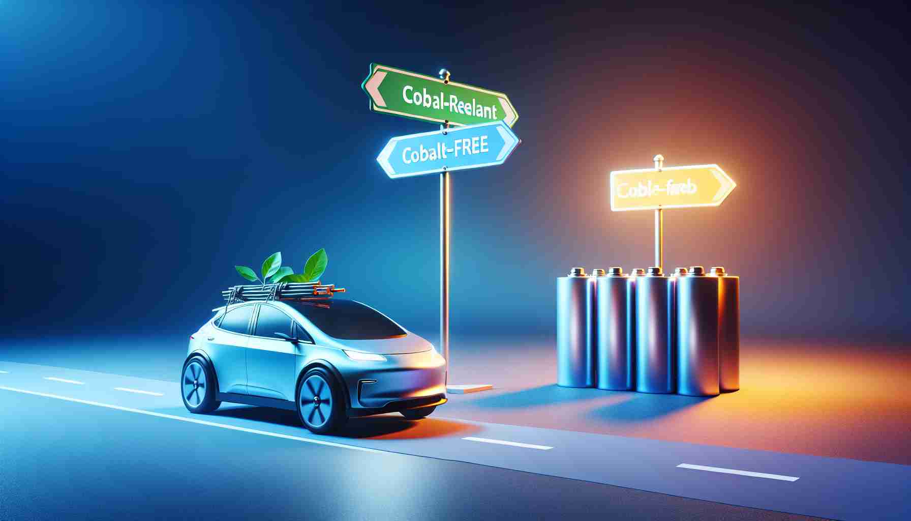 Create a high-definition realistic image that symbolically represents the electric vehicle market undergoing a transition from cobalt-reliant to cobalt-free batteries. This can be visually represented by an electric car driving away from a cobalt-colored background towards a background free of this color, signifying the shift in battery constitution. Please also include a signpost in the scene, on which 'Cobalt-Reliant' points towards the cobalt-colored background while 'Cobalt-Free' points towards the color-free background.