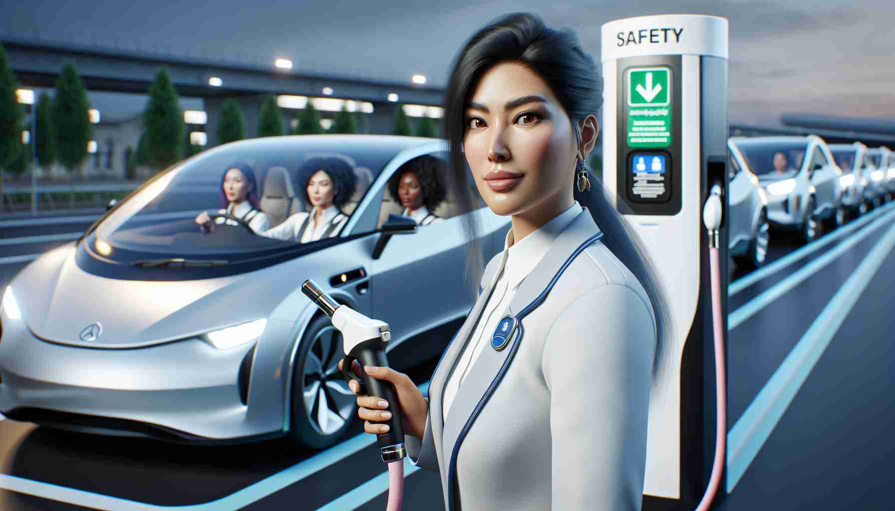 A high-definition, realistic image encapsulating the concept of safety in the realm of electric mobility. In the foreground, we see a large, state-of-the-art electric vehicle being operated by a South Asian woman. She expresses a confident demeanor, demonstrating the safety and ease of use offered by this mode of transportation. In the background, we notice clearly marked charging stations with safety instructions posted, occupied by electric vehicles of various designs. The vehicles are driven by a diverse range of individuals including a Black man, a Caucasian woman, and a Middle-Eastern man, pointing to the inclusivity of this thriving electric mobility world.