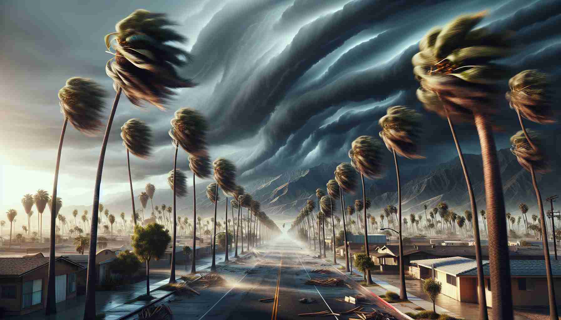 Realistic high-definition image depicting a scene in Southern California as it grapples with extreme weather conditions. Visualize strong winds swaying palm trees wildly, ominous dark clouds gathering in the sky over distant mountains, streets empty of people but cluttered with debris from the storm. Local houses and buildings are prepared for the severe situation with preventative measures in place.