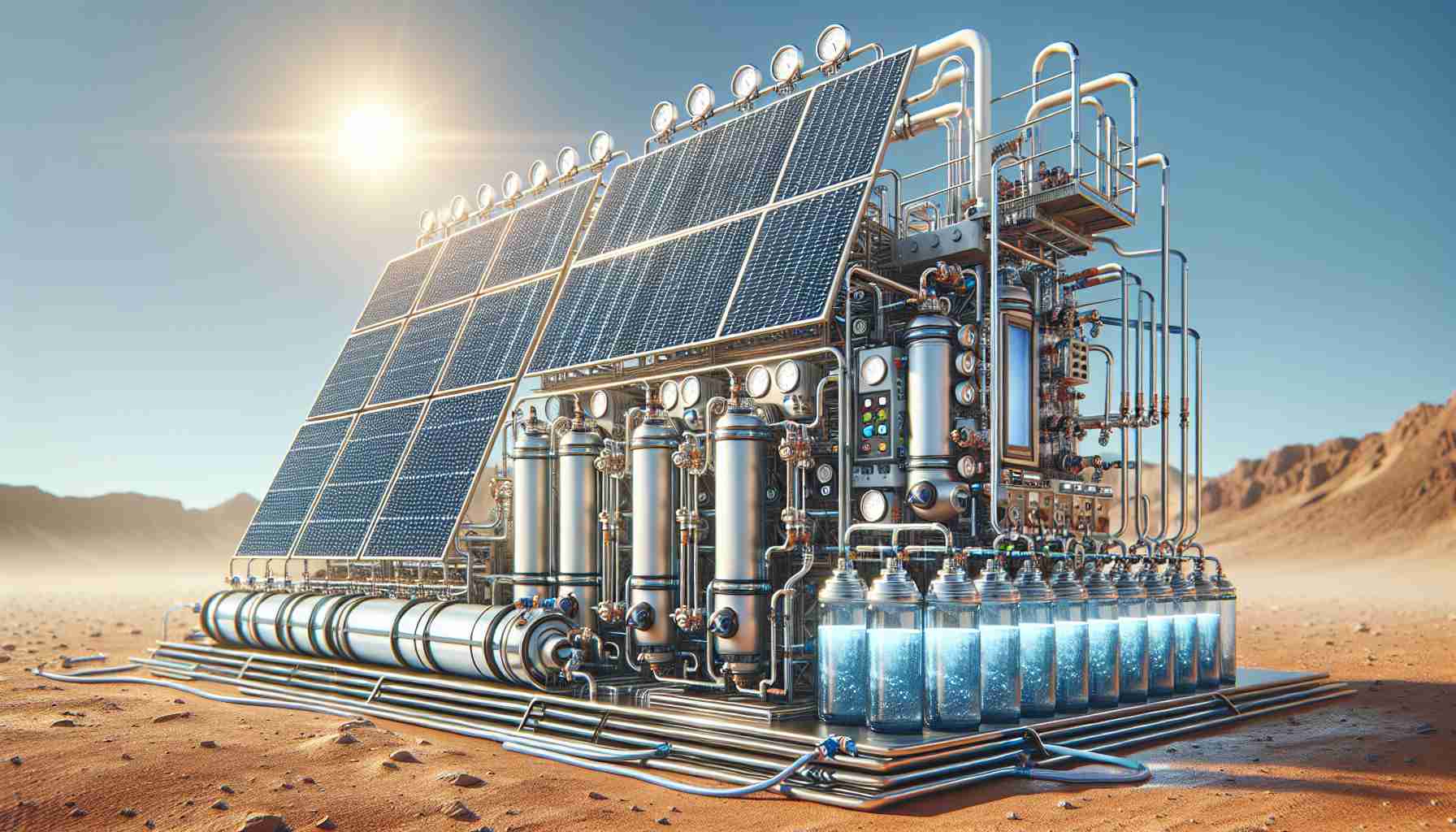 Photorealistic high definition image of a groundbreaking water desalination system powered by solar panels. The system consists of several high-tech, industrial-size solar panels catching the sunlight. They are connected via wires and tubes to a large futuristic-looking water desalination unit. The unit has various gauges, filters, and compartments indicating different stages of purification. The backdrop of the image is a sunny clear blue sky. The whole system is situated in an arid landscape to imply the importance of this technology in regions lacking fresh water.