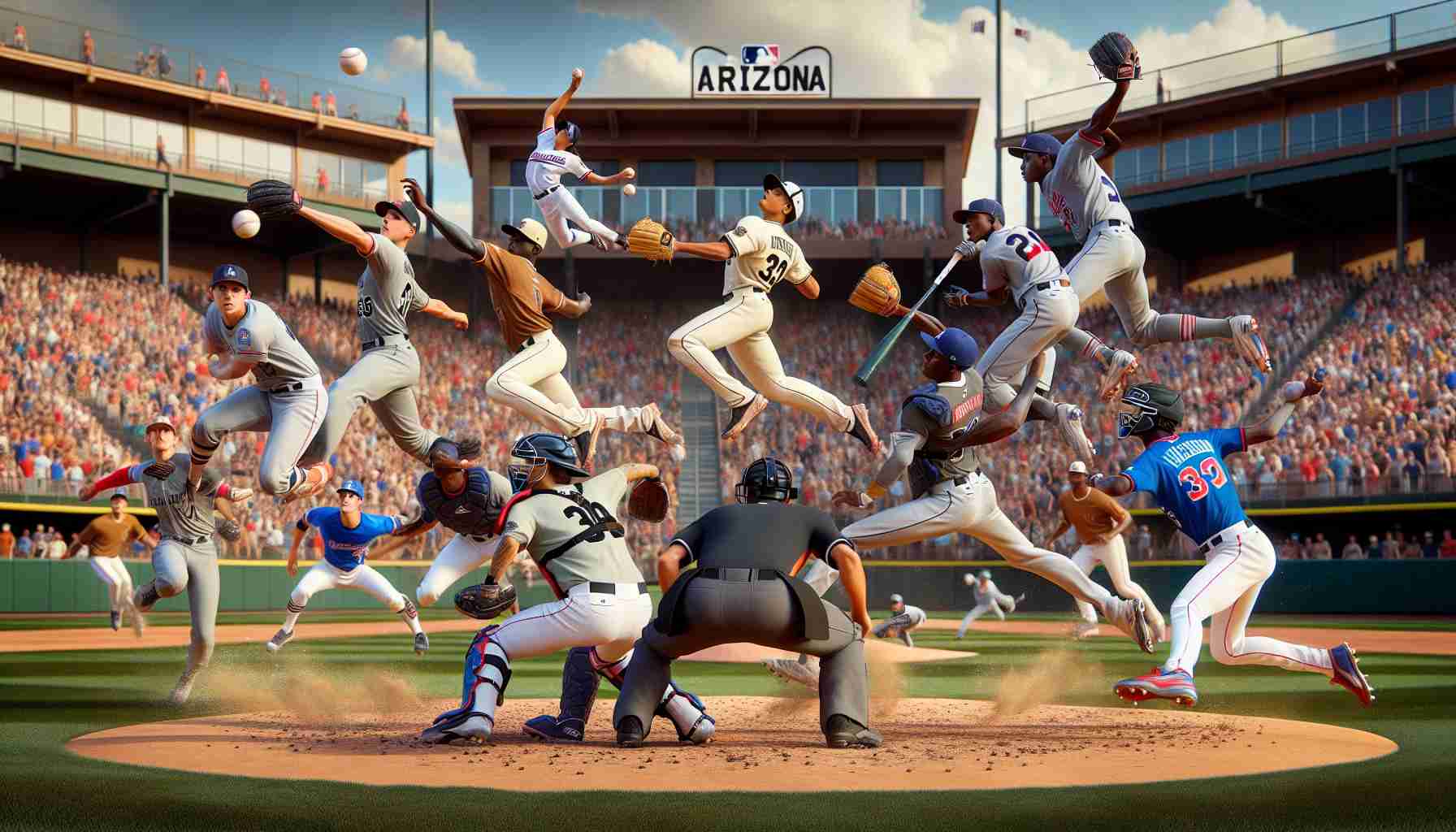 A high-resolution realistic rendering of an exceptional game taking place in the Arizona Fall League. Capturing the moment of peak action on a clear Fall day, the image showcases talented baseball athletes in the midst of a significant play. The players are diverse, with representatives of various genders and descents; a Hispanic female pitcher throwing the ball with remarkable speed, a Black male catcher poised for the catch, and a Middle-Eastern female batter, ready to swing her bat. The surrounding crowd is full of excitement and the background features the picturesque Arizona landscape.