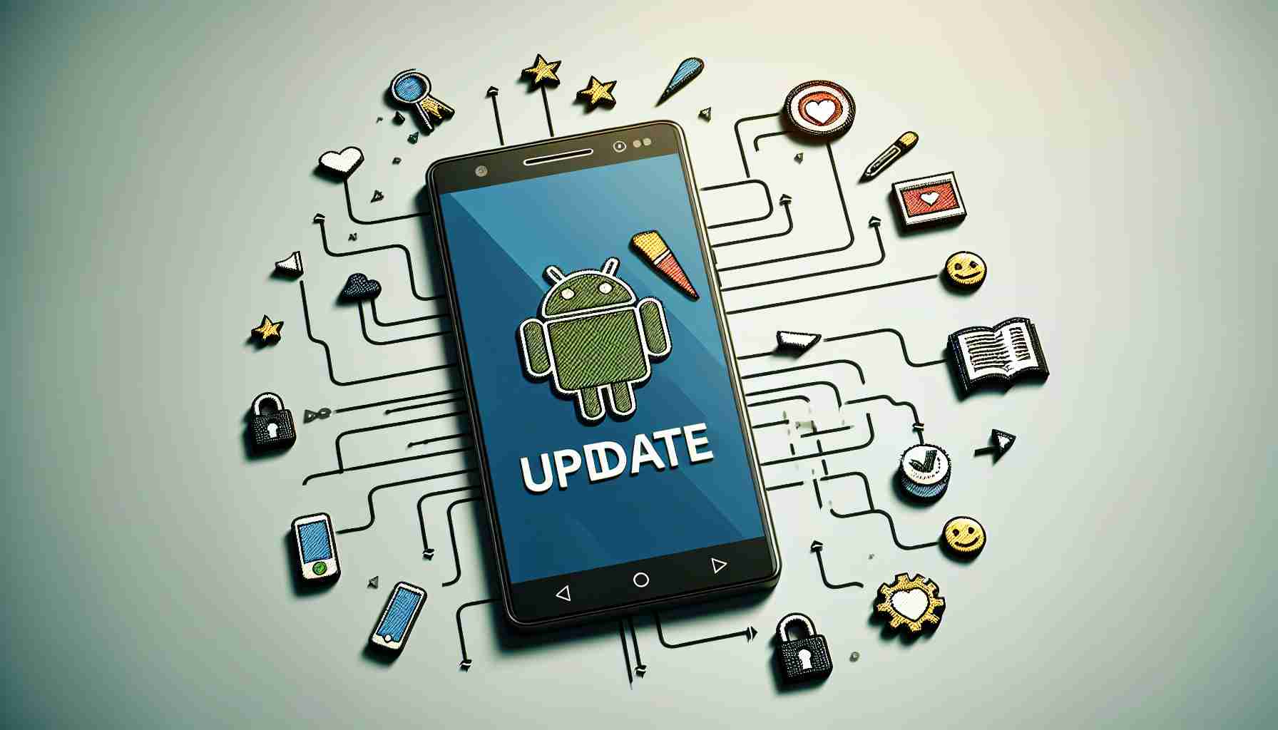 Generate a high-definition image symbolizing exciting updates for users of a popular Android smartphone. The phone should be placed on a table with its screen displaying the word 'Update'. Floating around the phone should be features typical for an update, like signs of enhanced speed, security locks, app icons, and perhaps emojis indicating user excitement.