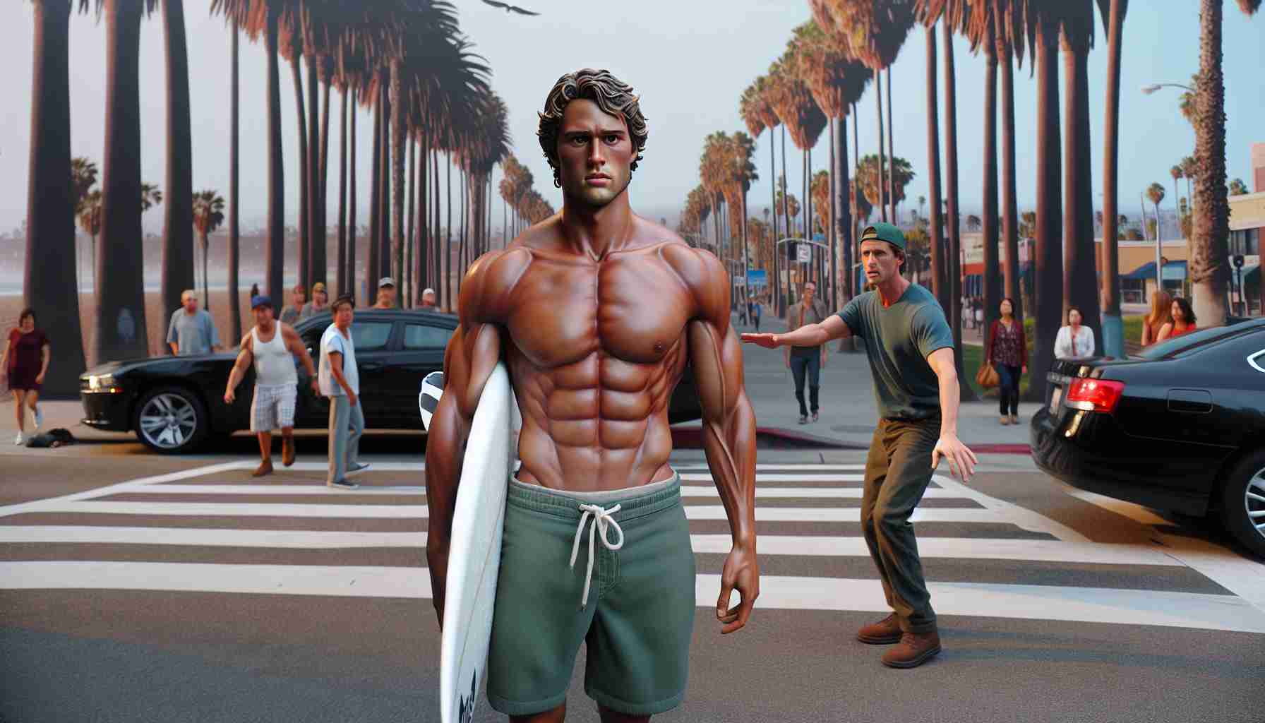 A lifelike, high-definition image of an unrecognizable male surfer with Wesley Santos' physique, being confronted on the streets of a typical coastal city resemblant of Huntington Beach. This encounter is visualized as non-violent, focusing on the body language and expressions conveying tension. The surfer should be portrayed with sun-touched skin and casual surfer attire such as boardshorts and a tank top, holding a surfboard. The city backdrop should include palm trees, a beach view, and typical Southern Californian architecture.