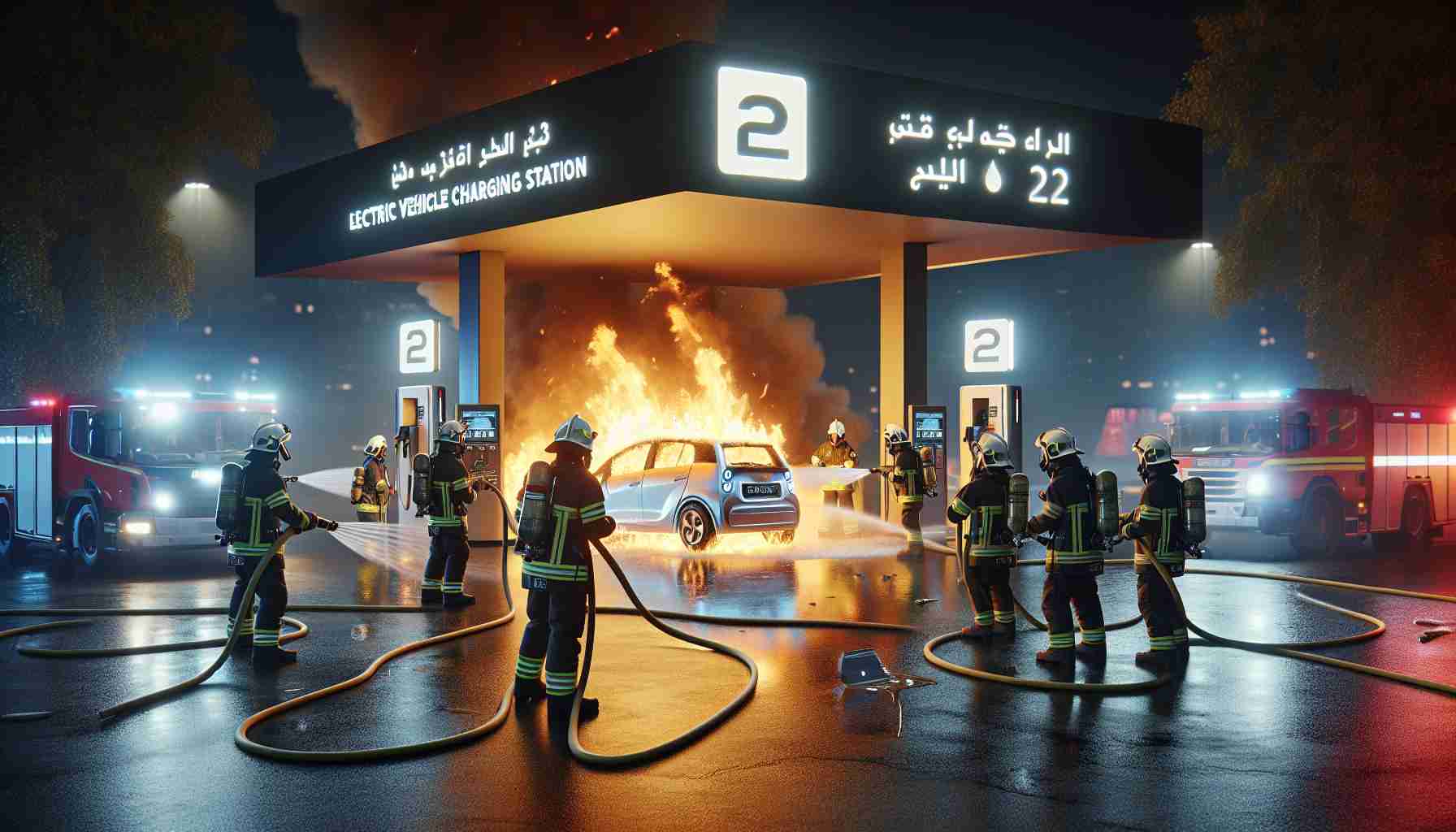 A high-definition, realistic image depicting an emergency scene where firefighters are addressing a fire incident at an electric vehicle charging station. It's nighttime, the flames are brightly illuminated, casting a glow on the gathering crowd. The firefighters, of varied genders and descents like Hispanic, Middle-Eastern, South Asian, are in protective gears, aiming water hoses at the blazing vehicle. A big signboard indicates it's an electric vehicle charging station, glowing under the influence of the flames.