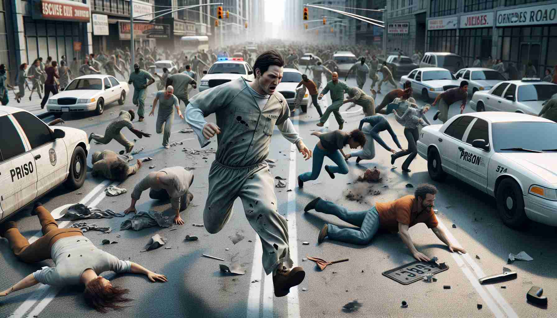 High-definition, realistic image of a scene depicting chaos caused by an escaped prisoner. The prisoner, an adult Caucasian male in tattered prison uniform, is seen running frantically through a busy city street. People of various descents and genders are diving out of his way, leading to a state of confusion and chaos. Cars are swerving to evade him and there's a knocked over street sign in his wake. Oblivious to the havoc he's creating, the escapee is only focused on getting away, evoking a sense of both fear and orderlessness.