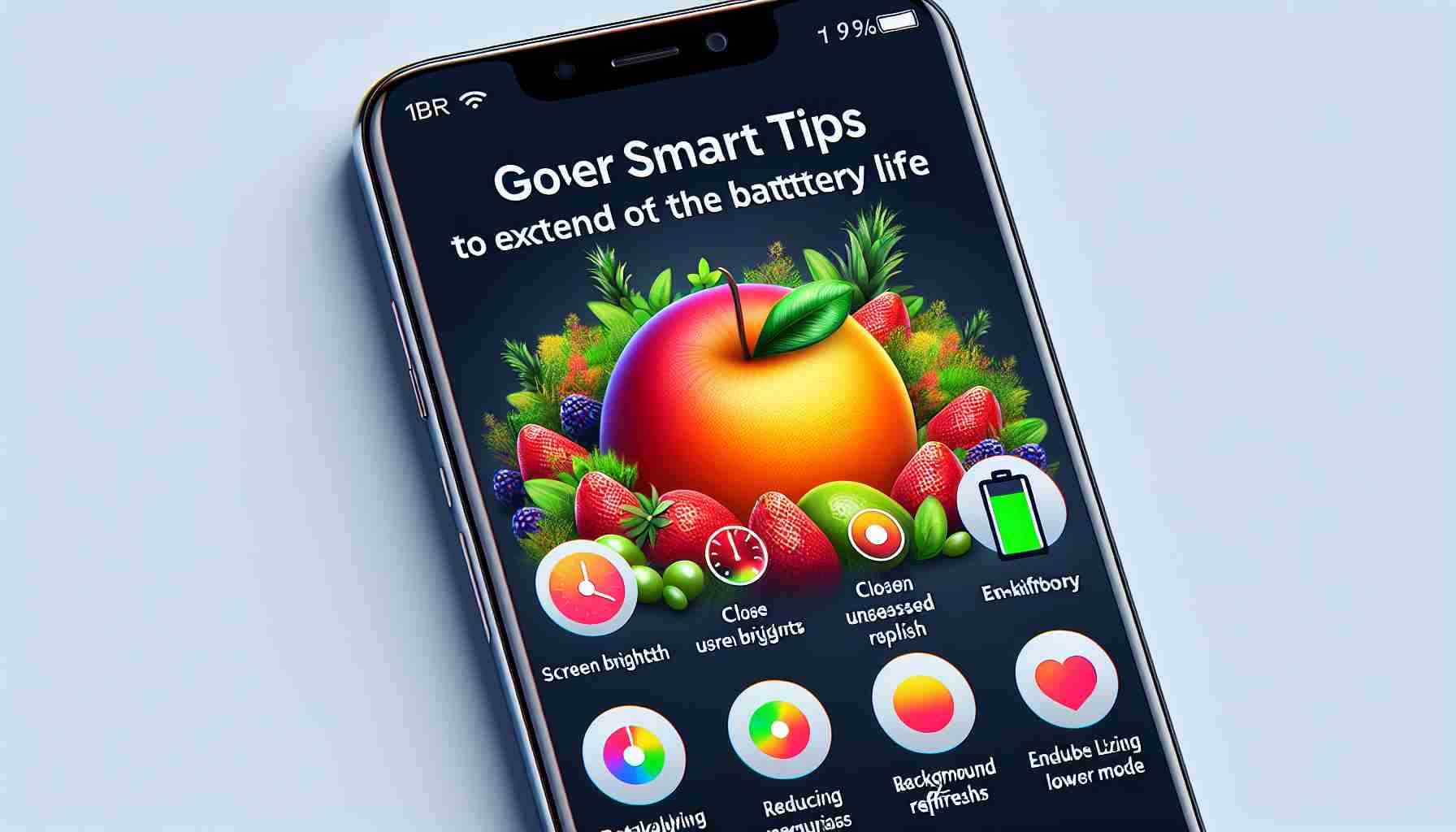 Generate a realistic HD image demonstrating smart tips to extend the battery life of a popular smartphone with an fruit themed logo. The image should include various features such as turning down screen brightness, closing unused applications, reducing background refresh, and enabling low-power mode.