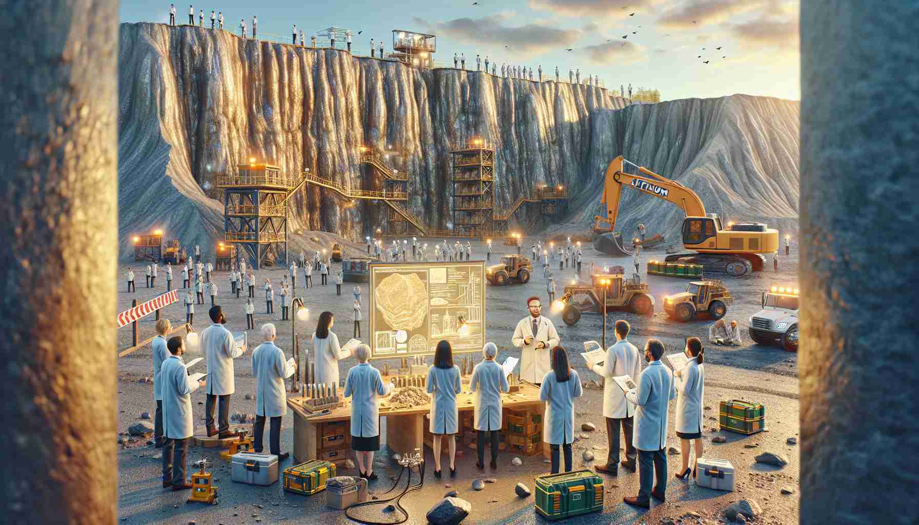 Generate a high resolution, photo-realistic image of a scene where scientists are unveiling their discovery of abundant lithium reserves. Show a diverse group of individuals in lab coats, holding mining tools, standing in front of a large geological formation which is rich in lithium deposits. There should be expressions of awe and surprise on their faces. The surrounding environment should be outdoors and have signs indicative of a mining site. A table with scientific equipment like microscopes, geological maps and rocks, and illuminated lamps should also be in the foreground.