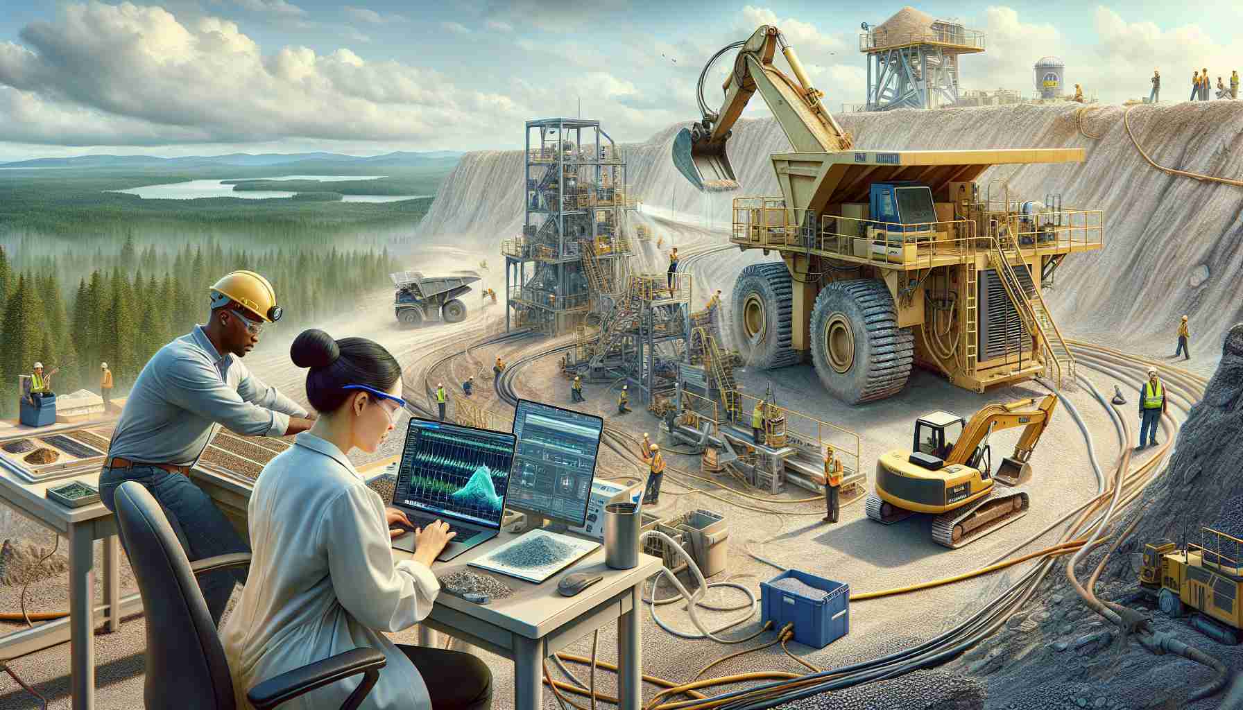 Generate a realistic high-definition image showcasing the process of lithium extraction in Arkansas. The scene includes the natural environment of Arkansas in the background, noticeable apparatus related to mining and processing of lithium, and workers engrossed in their tasks. Among the workers present, there is a Black female geologist carefully examining a lithium sample, a Caucasian male operator controlling the excavation machinery, and a South-Asian female scientist analyzing data on her laptop.