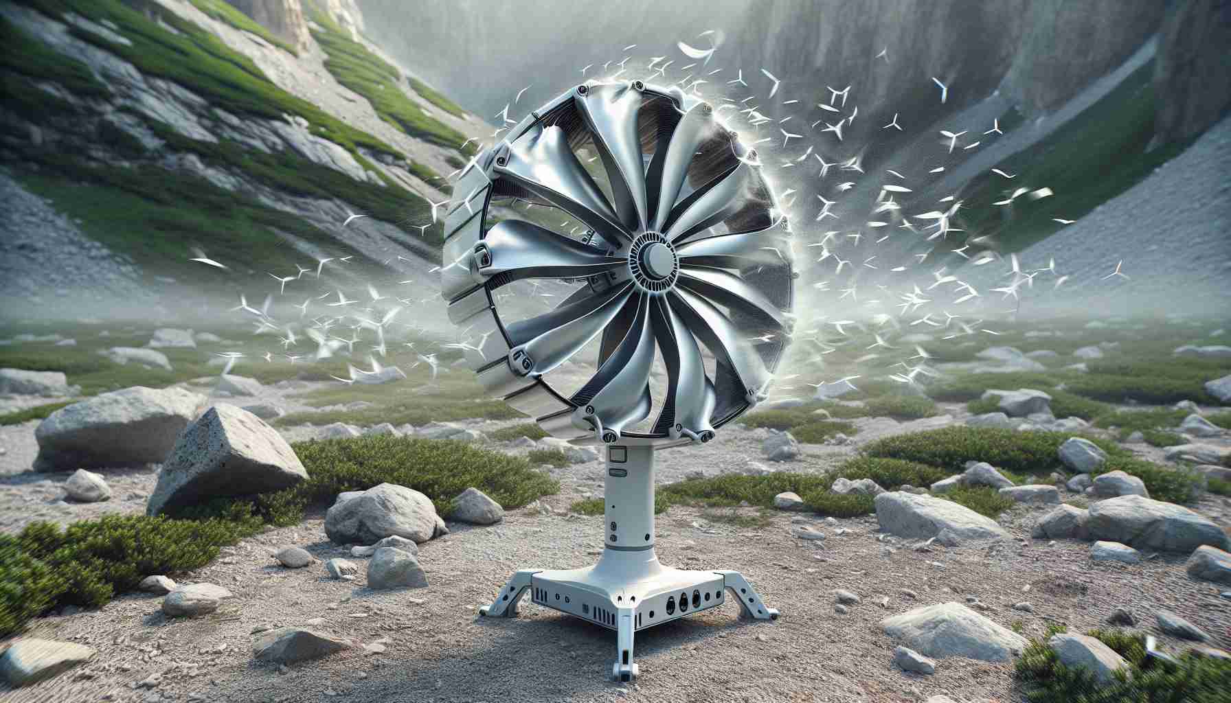 An HD photo realistically displaying an advanced device for outdoor power generation: the AuraWatt Portable Wind Turbine. This piece of equipment should be seen amidst a natural outdoor setting. Wind is briskly striking the blades of the turbine, causing them to spin rapidly in a captivating display of renewable energy conversion. The AuraWatt unit should appear compact and portable, efficient in design yet evident in its robust ability to harness the power of the elements.