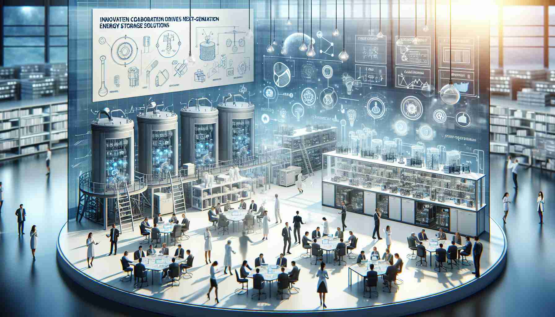 A high-definition, realistic illustration that portrays the concept of 'Innovative Collaboration Drives Next-Generation Energy Storage Solutions'. It can show a few diverse groups of scientists, of various descents and genders, working together in a high-tech laboratory surrounded by futuristic equipment and blueprints, symbolizing next-generation energy storage solutions. The setting should feel dynamic and bustling with ideas. Diagrams showing innovative energy storage models and sustainable power sources could be present, emphasizing the spirit of innovation.